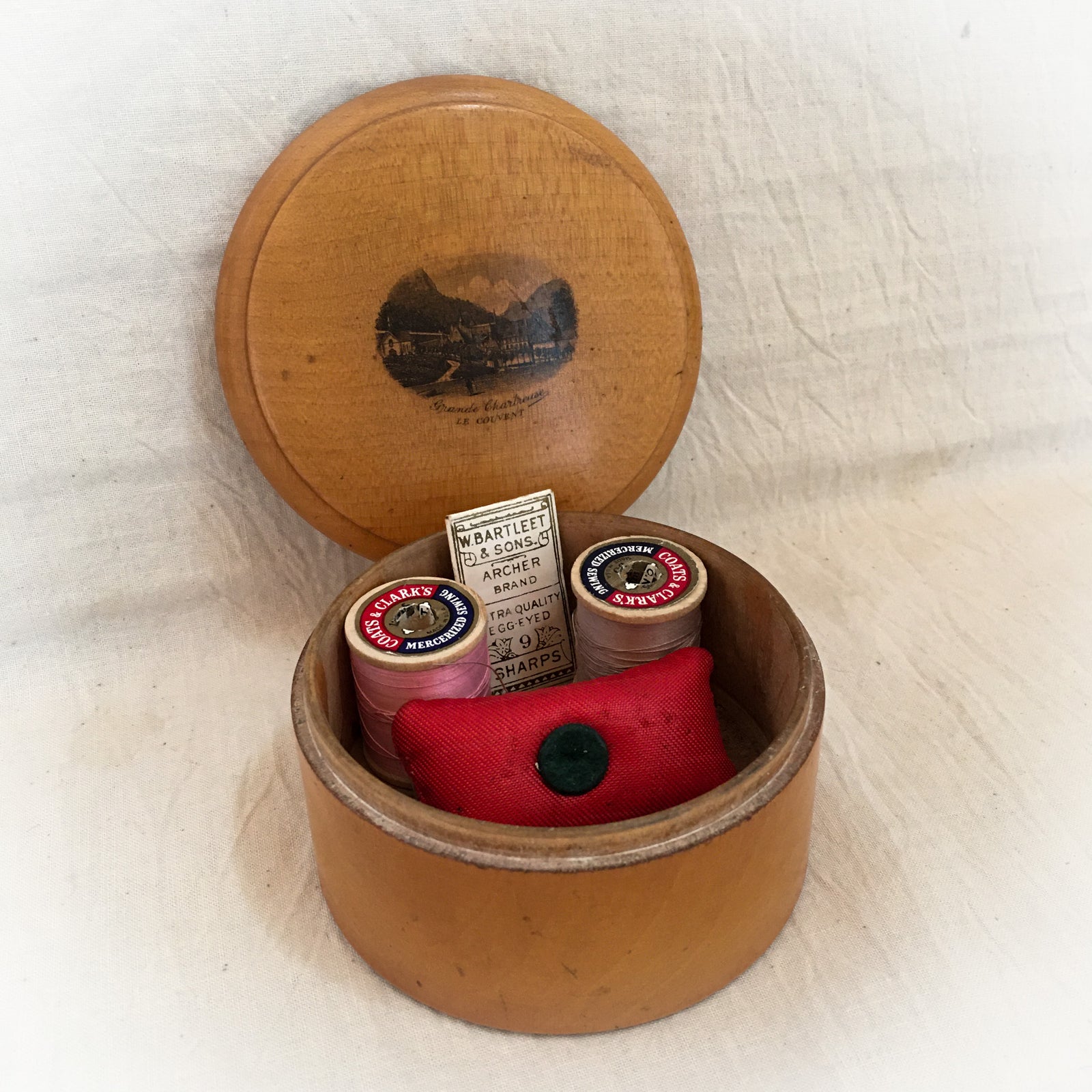 Late 19th Century Mauchline Ware Sewing Box with Contents as Found