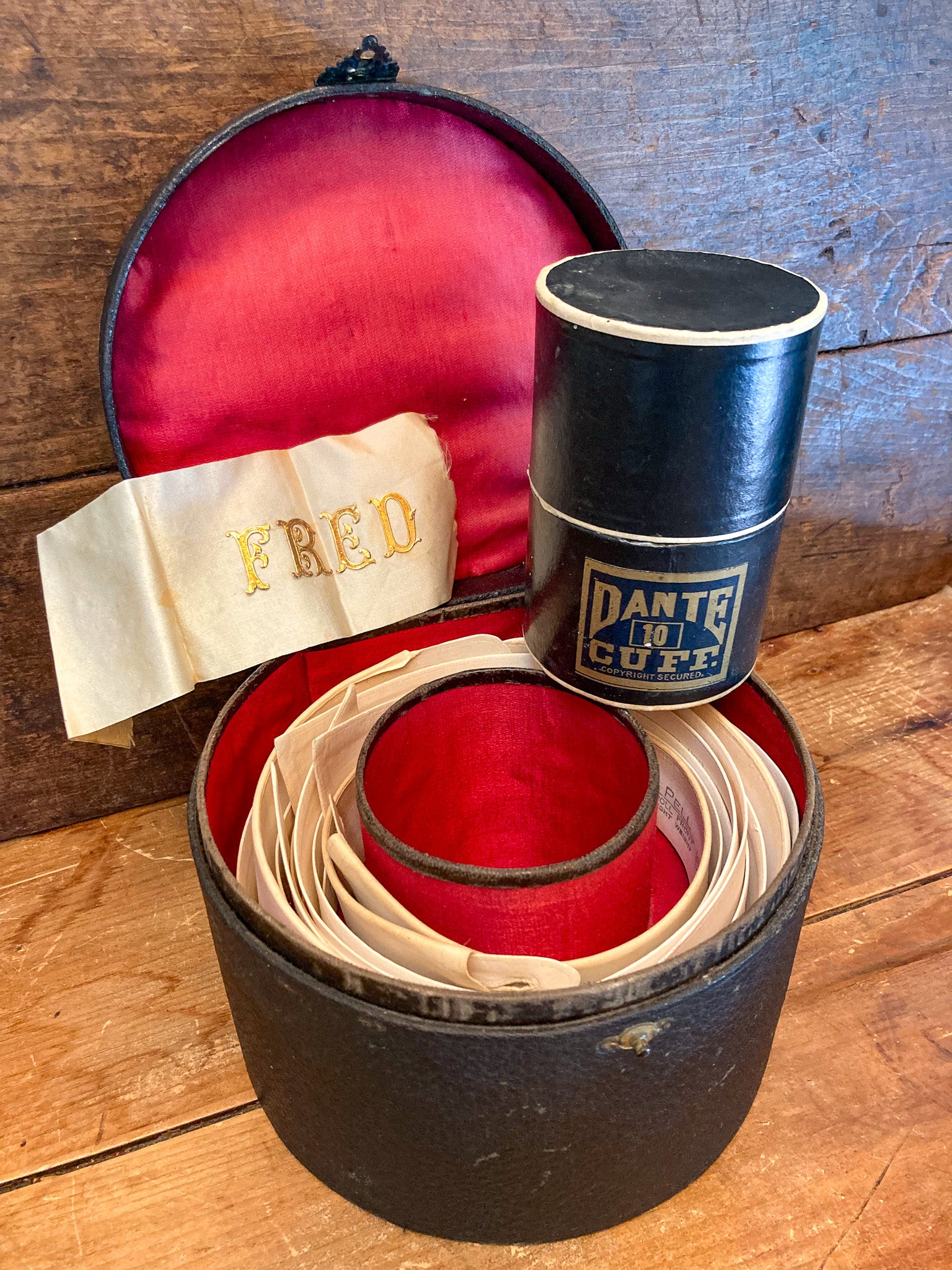 Victorian Era Leather Collar Box with Collars and New Old Stock in Original Box Dante Cuffs
