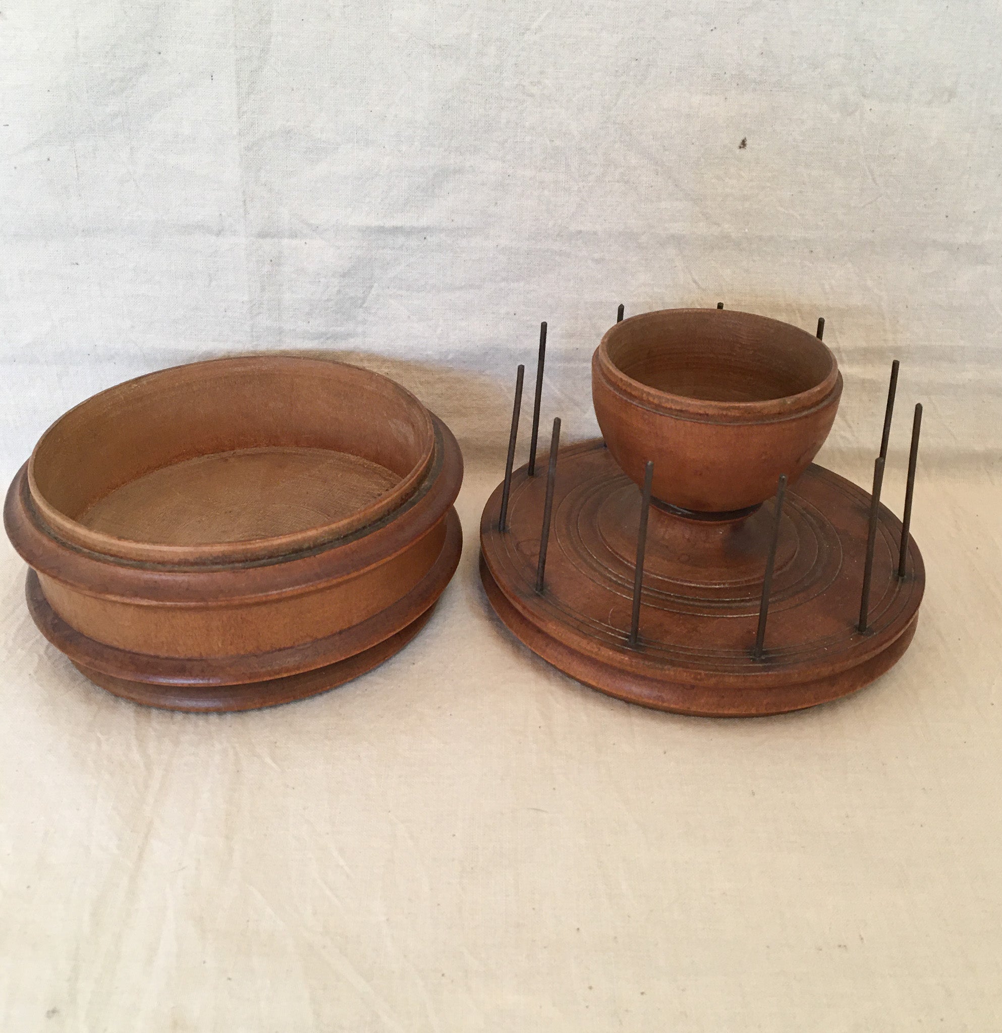 Antique Wooden Sewing Caddy with Spool Holder and Storage