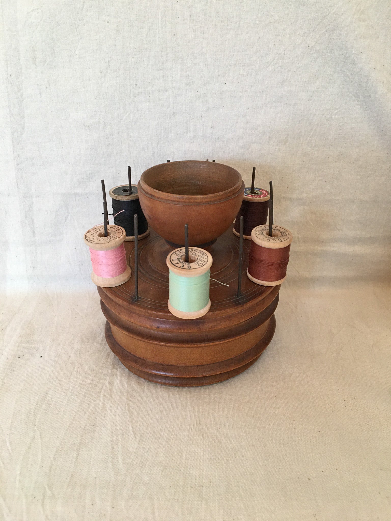 Antique Wooden Sewing Caddy with Spool Holder and Storage