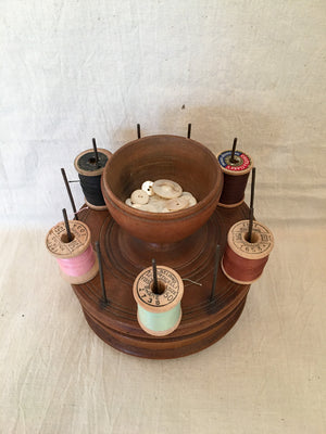 Antique Wooden Sewing Caddy with Spool Holder and Storage