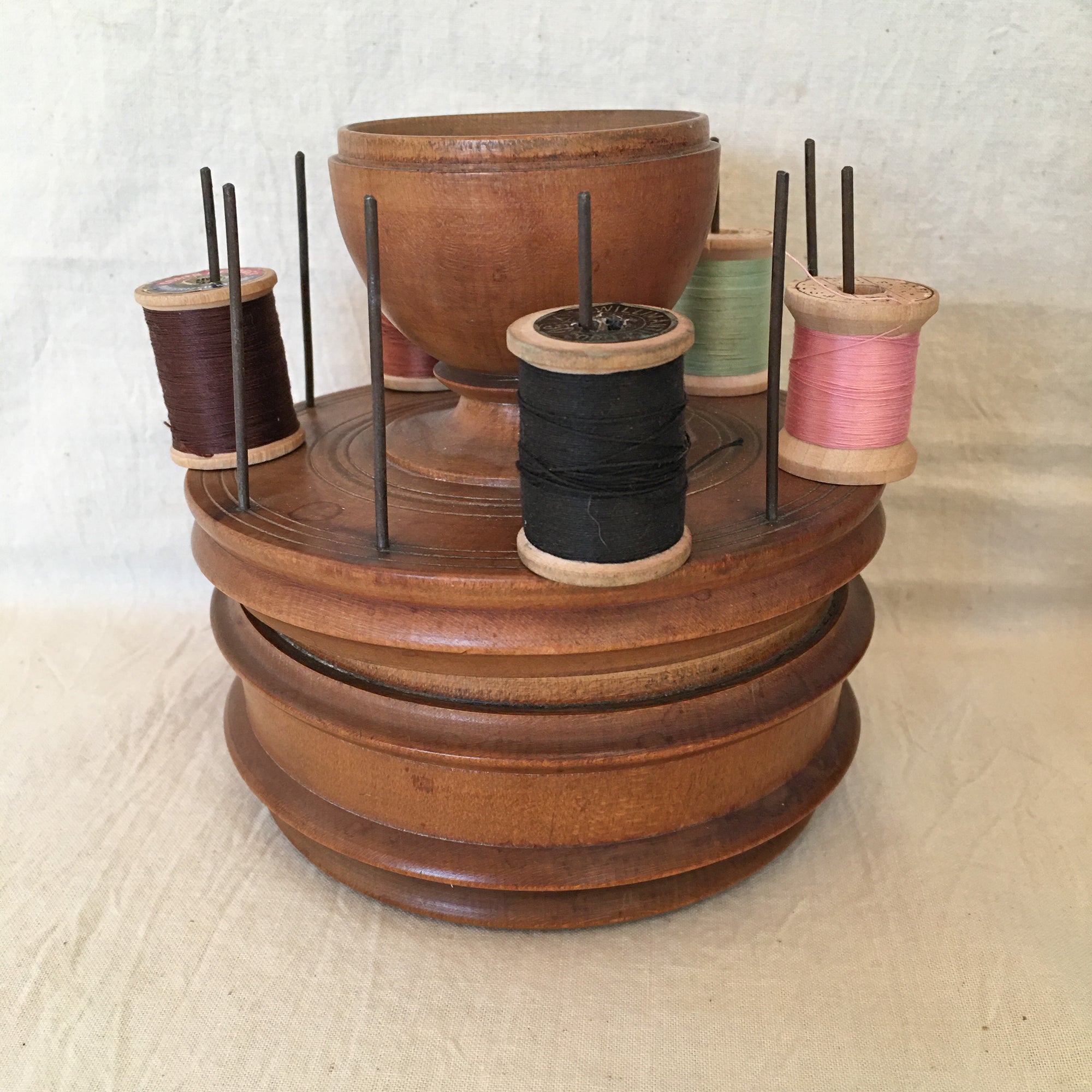 Antique Wooden Sewing Caddy with Spool Holder and Storage