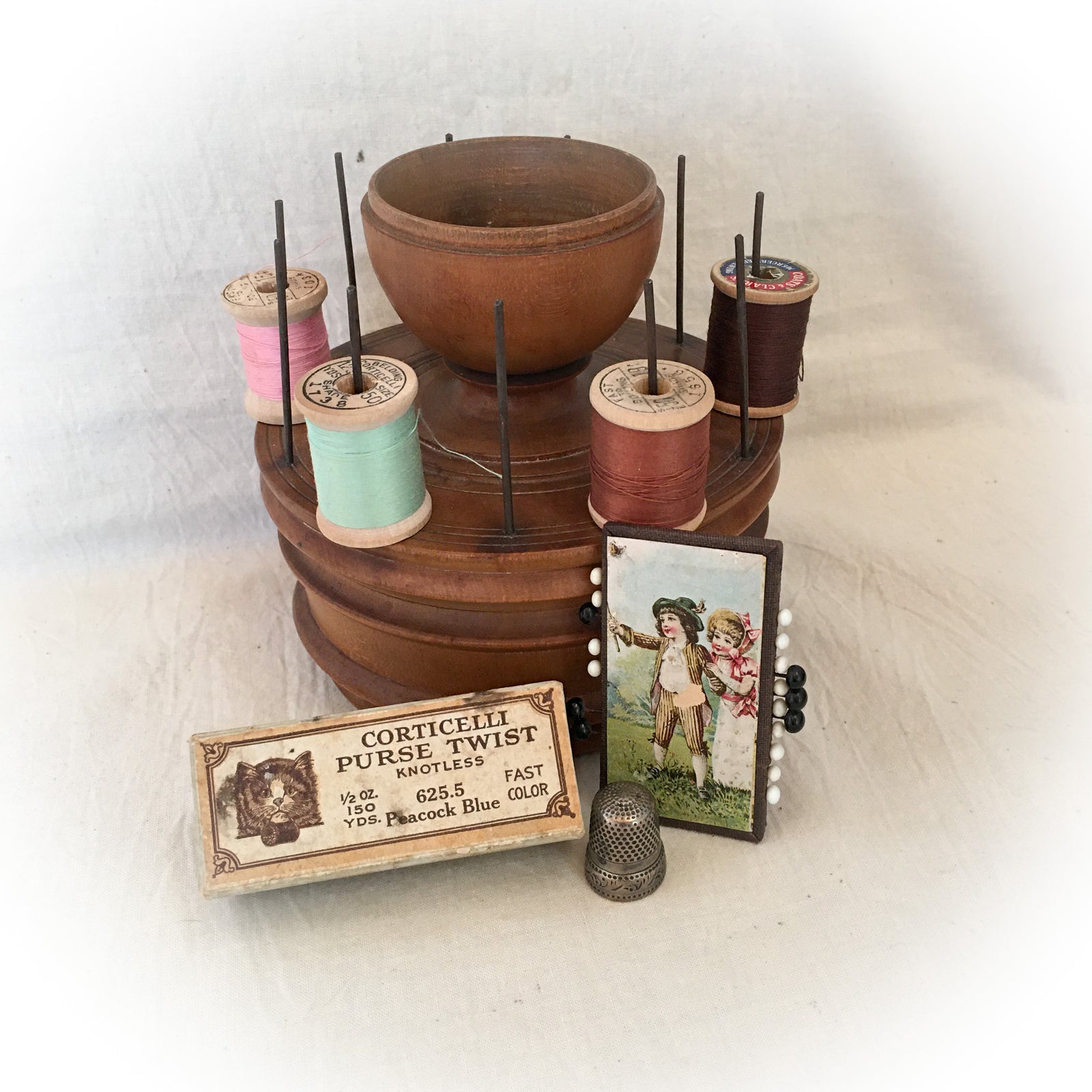 Antique Wooden Sewing Caddy with Spool Holder and Storage