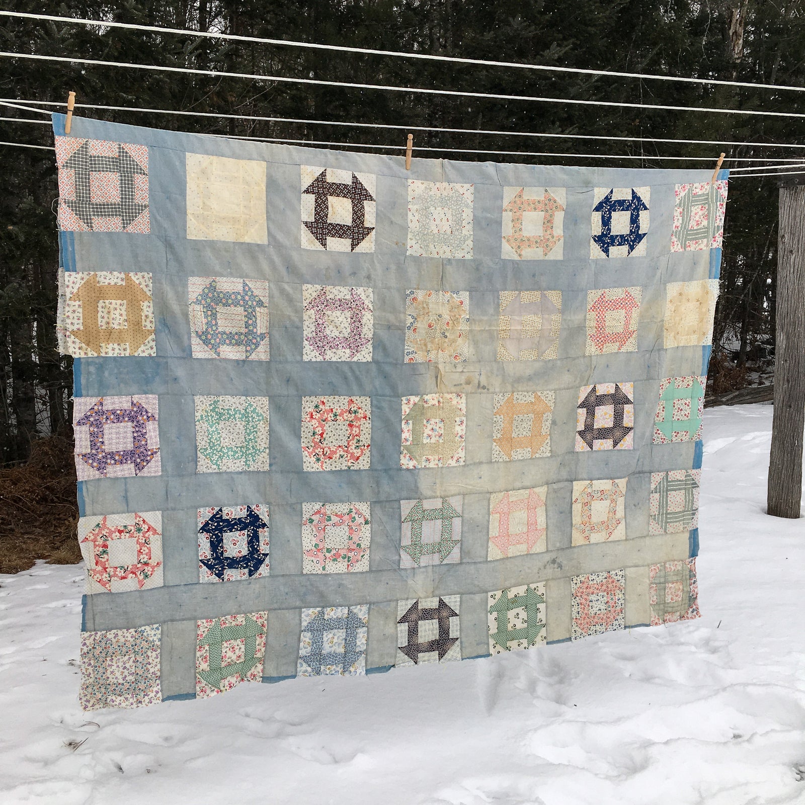 1930s-1940s Churn Dash Quilt Top – Vintage Cotton with Timeworn Character