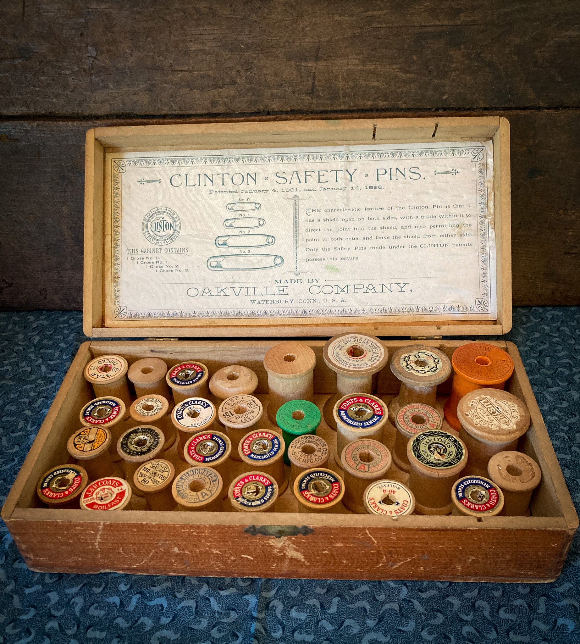 Late 1800’s “Clinton Safety Pins” Box with Wooden Thread Spools