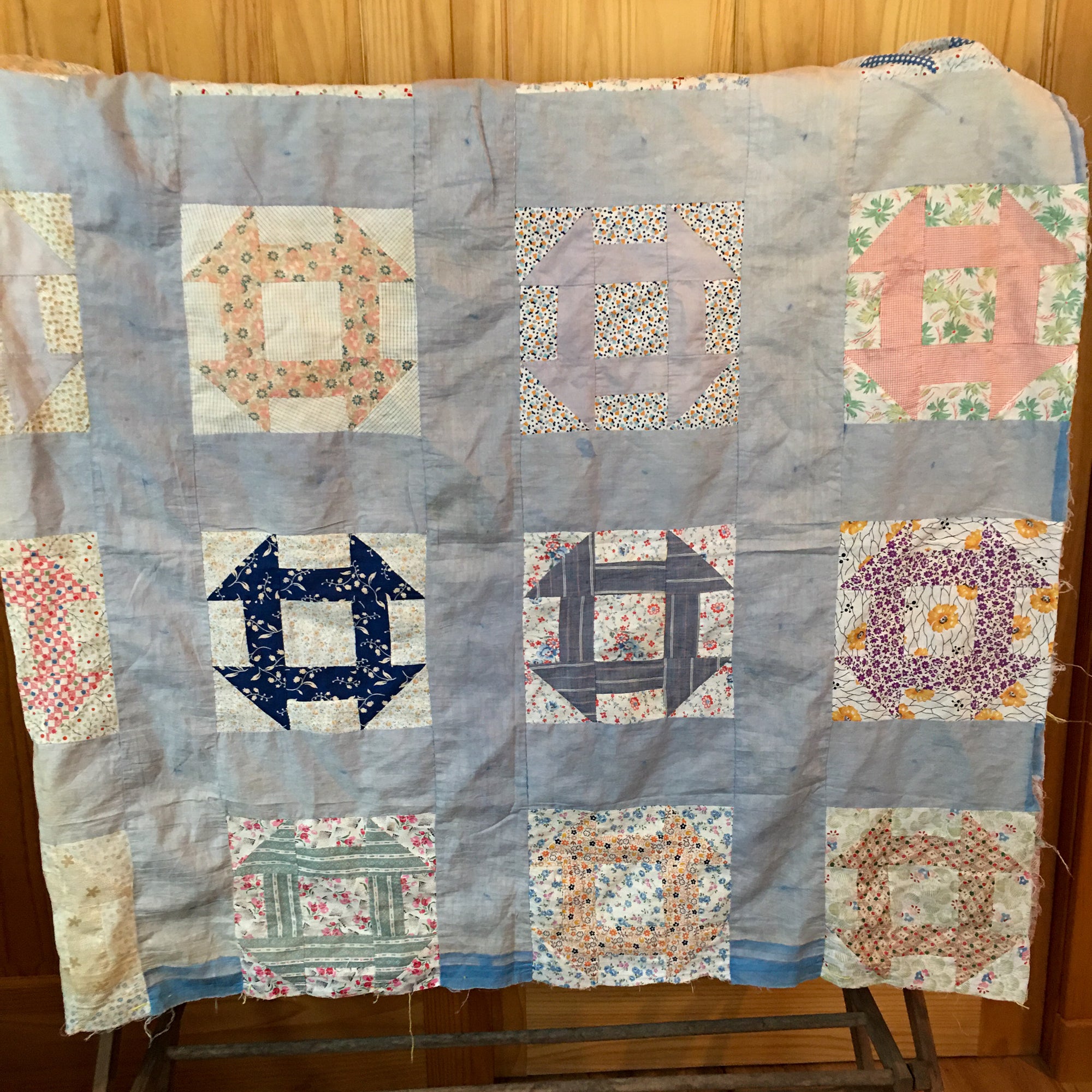 1930s-1940s Churn Dash Quilt Top – Vintage Cotton with Timeworn Character