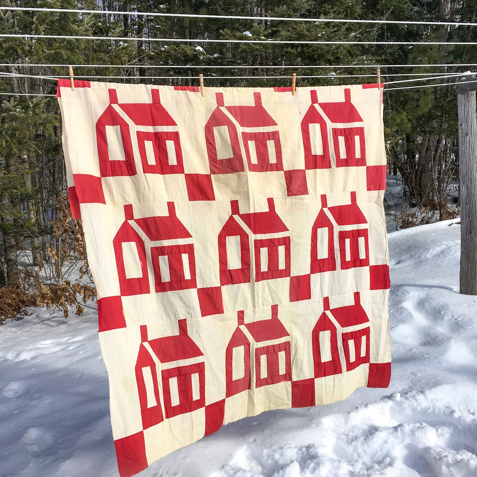 Hand-Stitched Schoolhouse Quilt Top – Cotton, c. 1900-1930