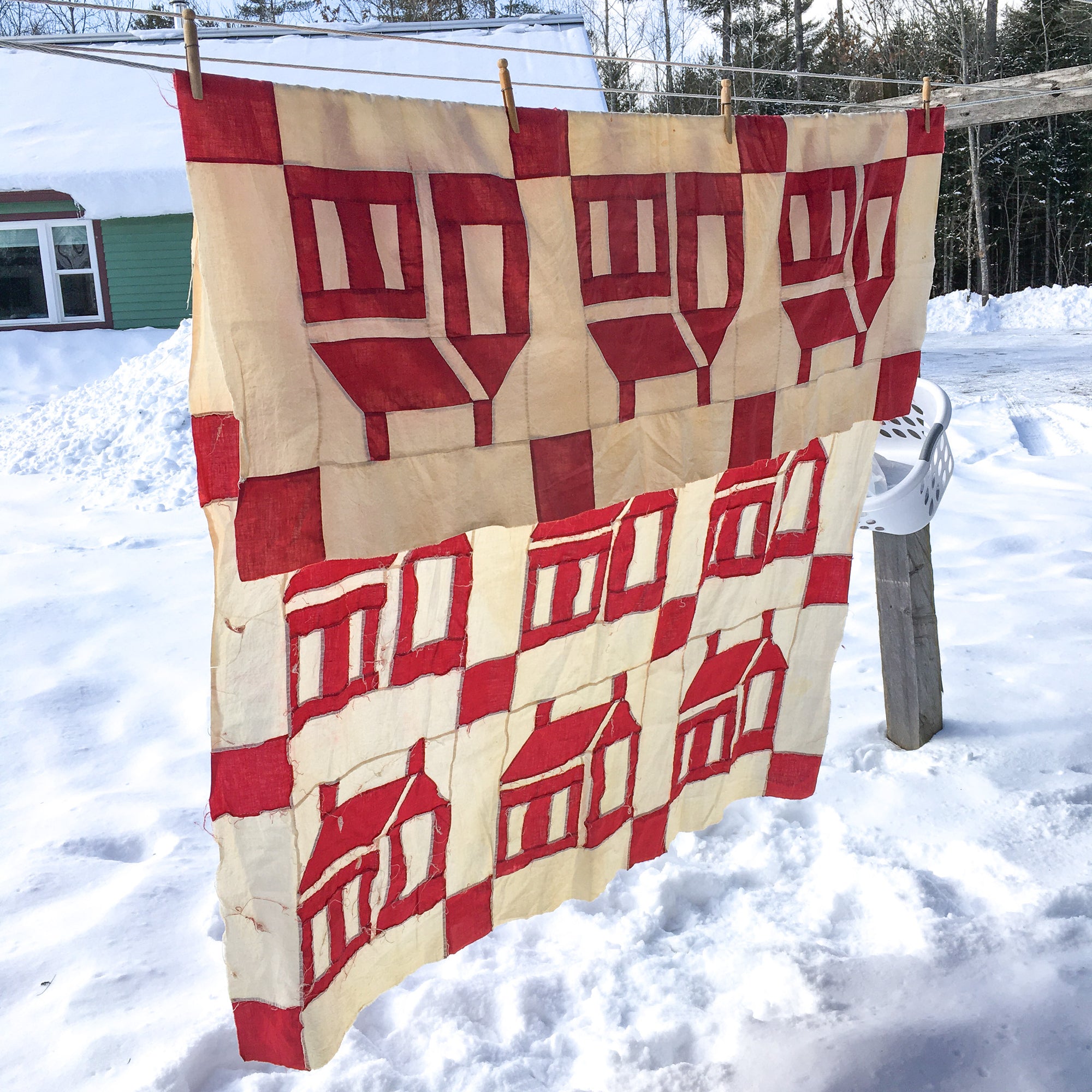 Hand-Stitched Schoolhouse Quilt Top – Cotton, c. 1900-1930