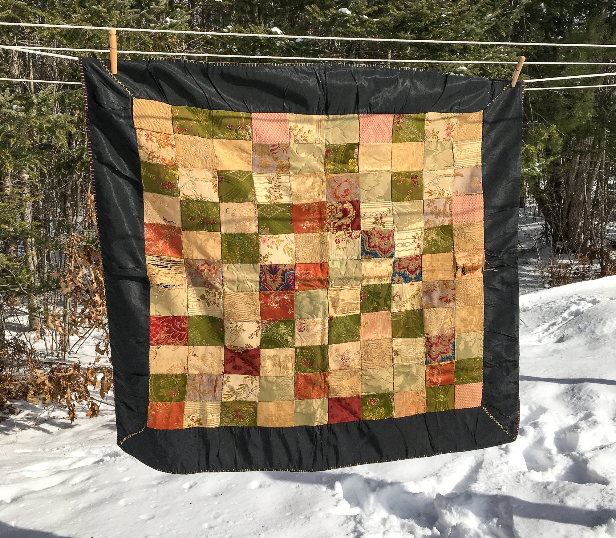Antique Silk Patchwork Quilt – Hand-Stitched, Late 19th to Early 20th Century