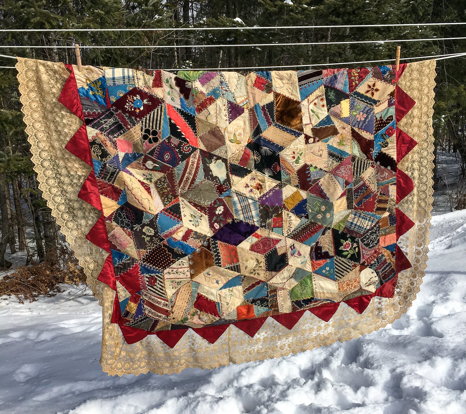 Antique Crazy Quilt – Hand-Stitched, Late 19th Century