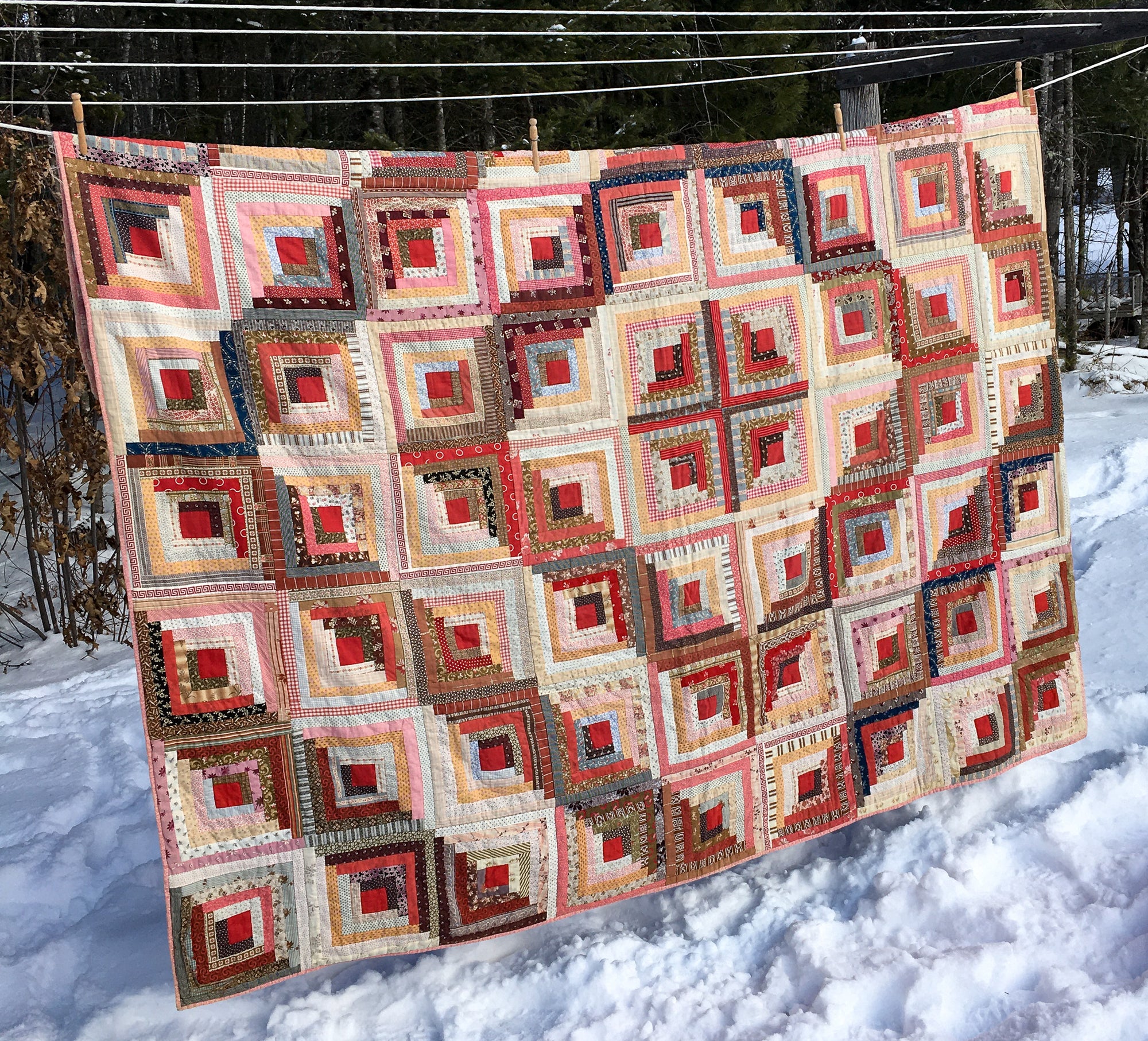 Antique Log Cabin Quilt – Hand-Stitched, Early 20th Century