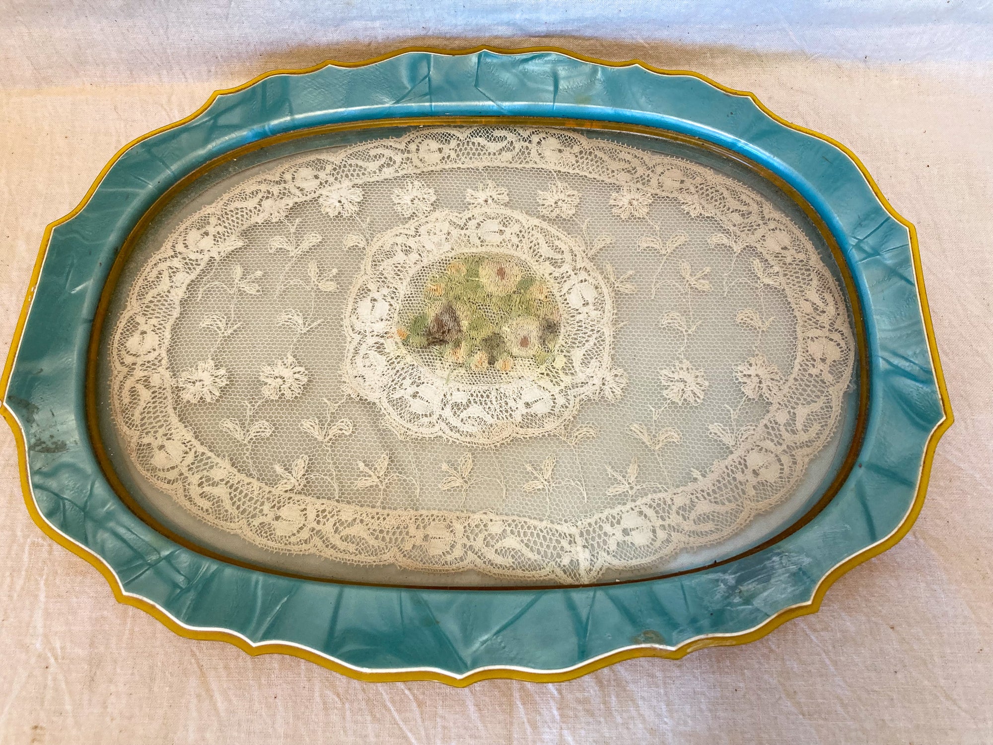 1930’s Art Deco Celluloid Vanity Tray with Enameled Art Deco Volupte Brush and Mirror