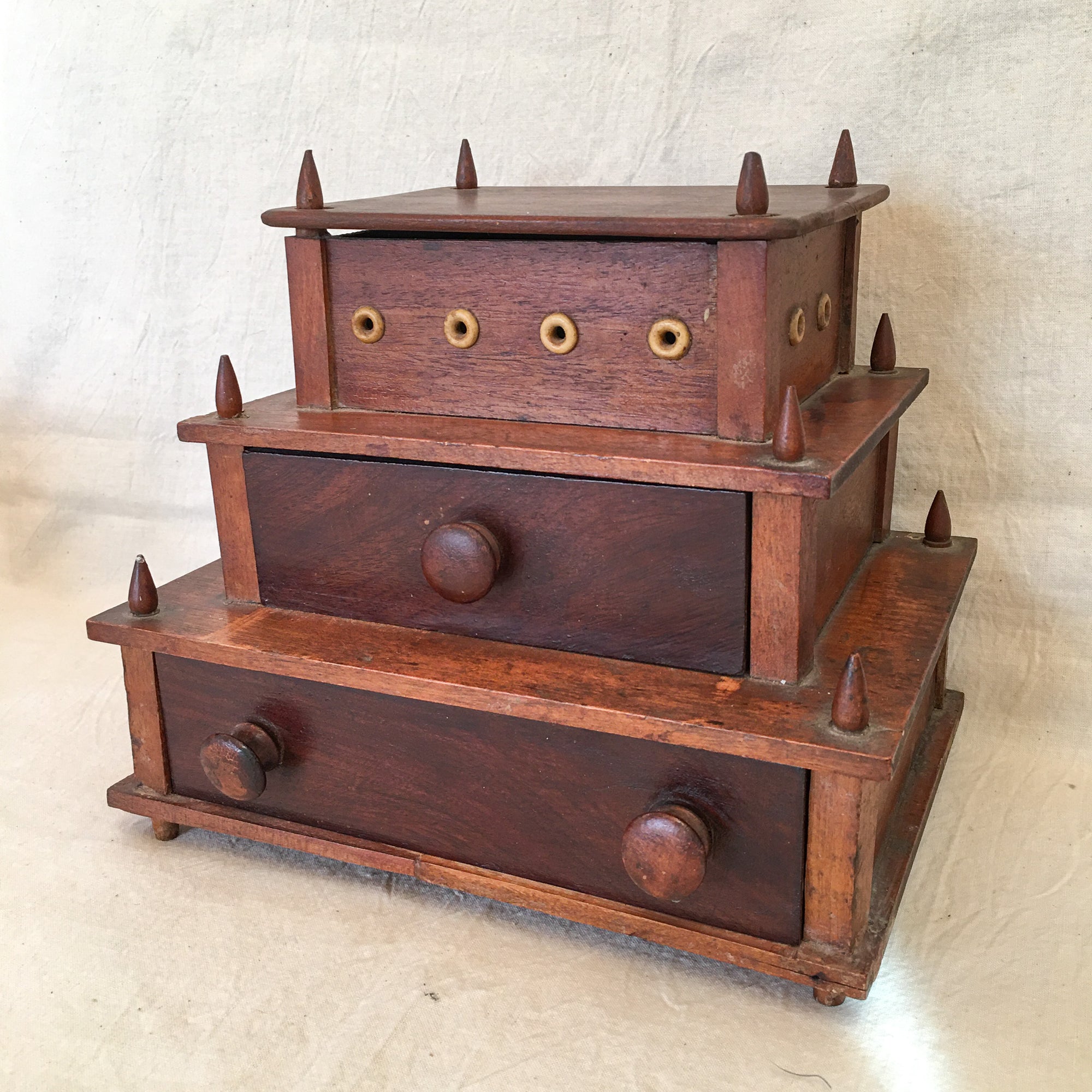 19th Century 3-Tiered Wooden Sewing Box with Bone Eyelets & Contents as Found