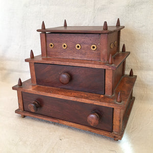 19th Century 3-Tiered Wooden Sewing Box with Bone Eyelets & Contents as Found