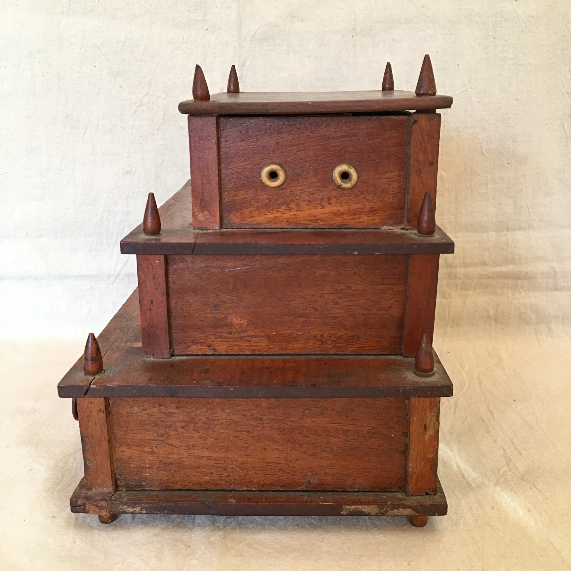 19th Century 3-Tiered Wooden Sewing Box with Bone Eyelets & Contents as Found