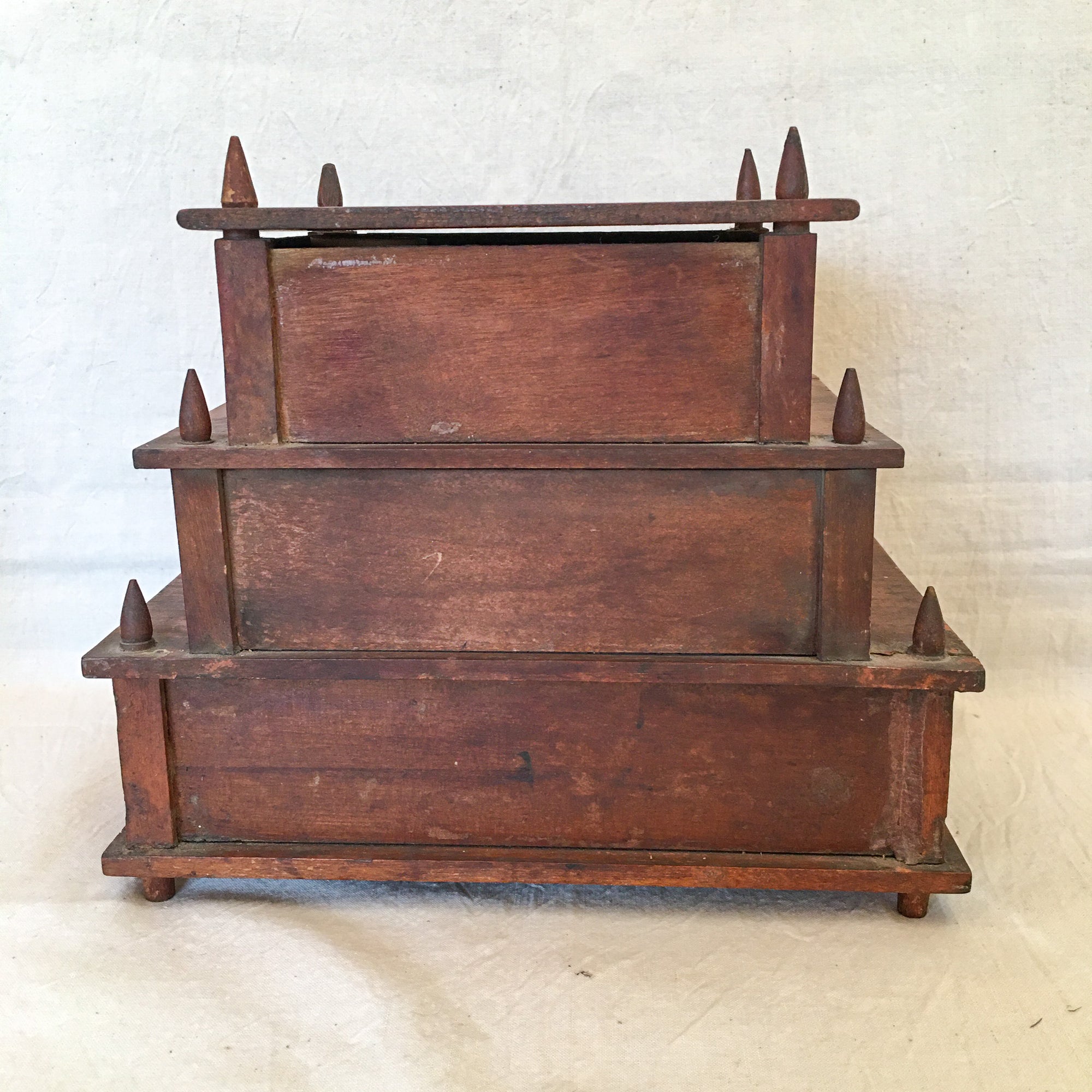 19th Century 3-Tiered Wooden Sewing Box with Bone Eyelets & Contents as Found