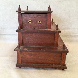 19th Century 3-Tiered Wooden Sewing Box with Bone Eyelets & Contents as Found