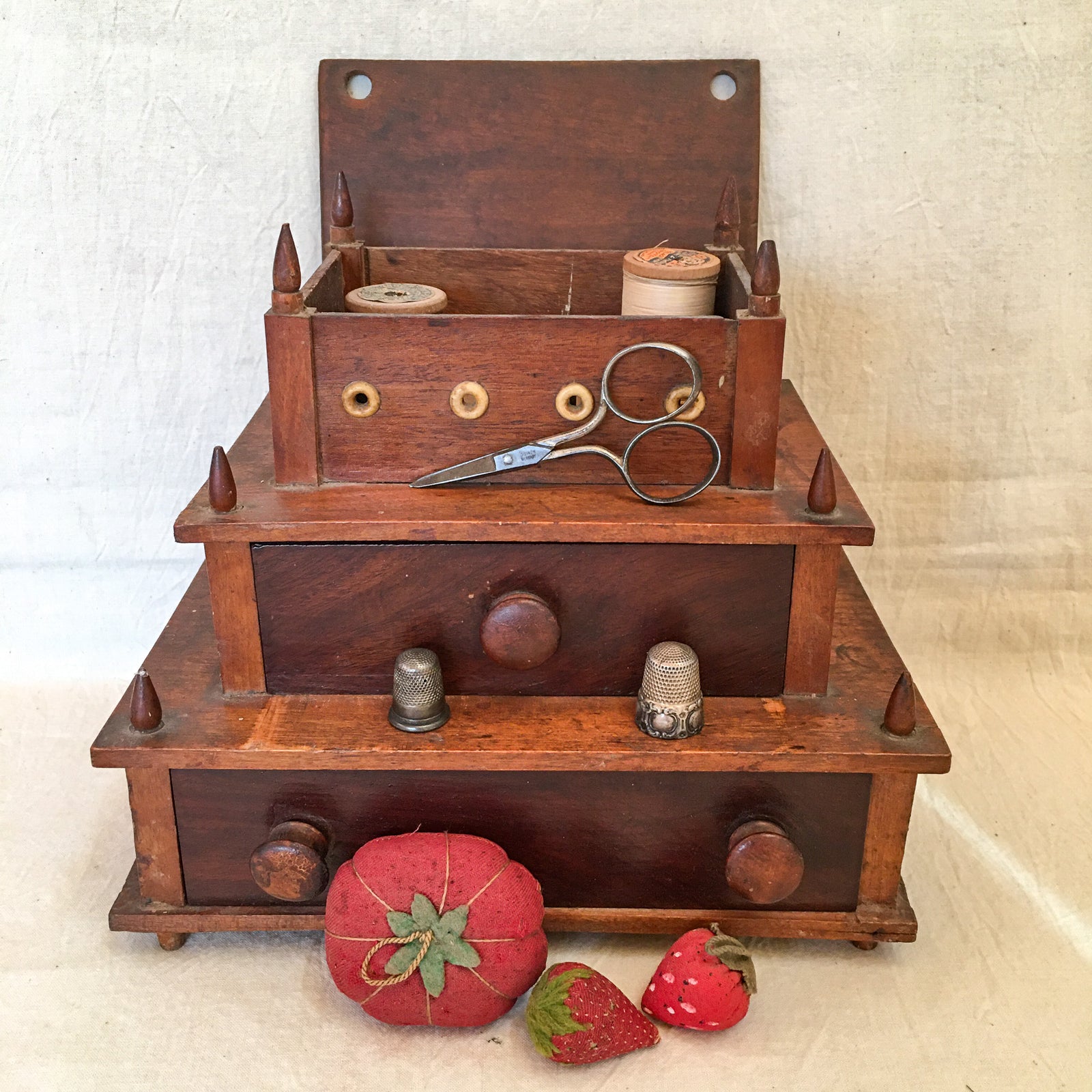 19th Century 3-Tiered Wooden Sewing Box with Bone Eyelets & Contents as Found