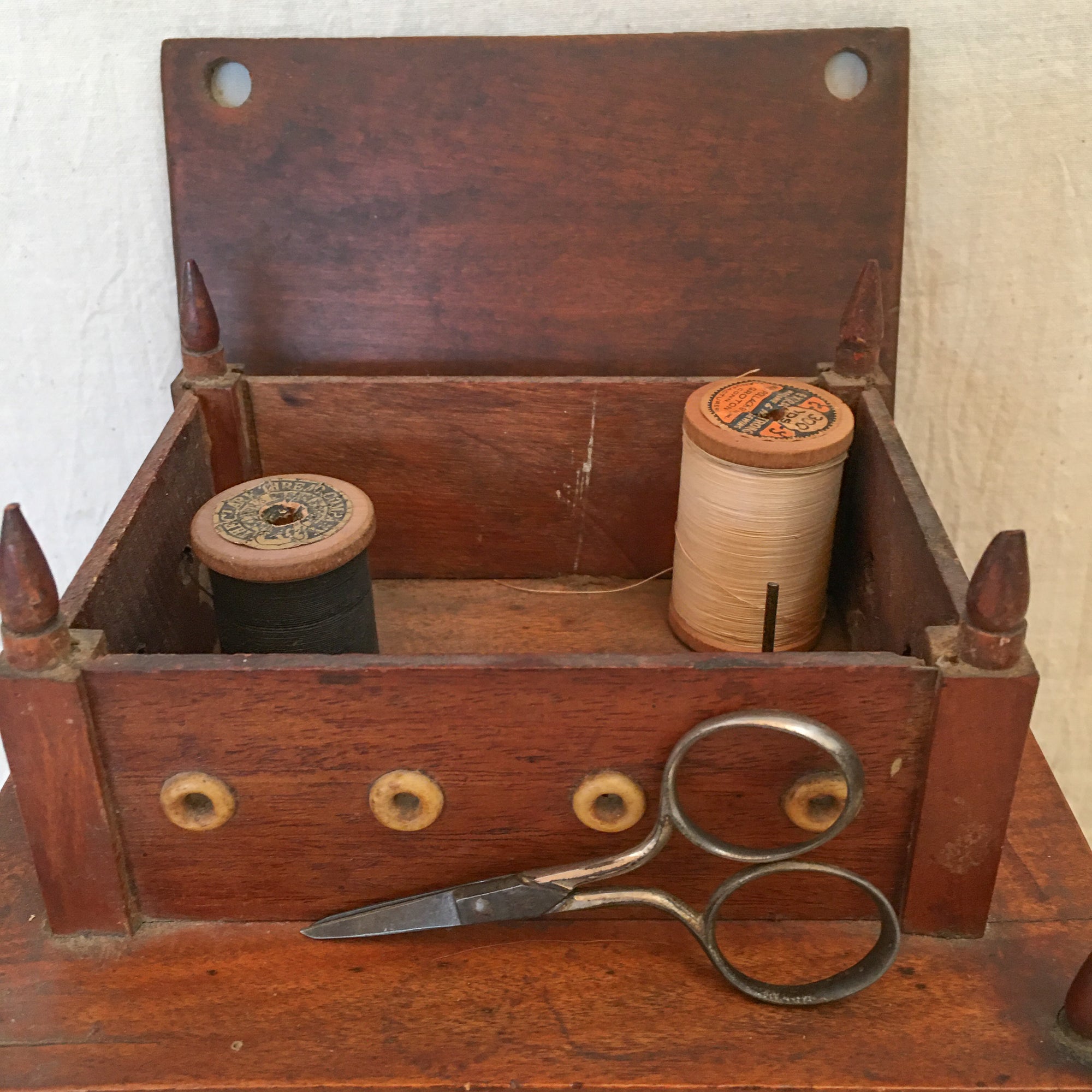 19th Century 3-Tiered Wooden Sewing Box with Bone Eyelets & Contents as Found