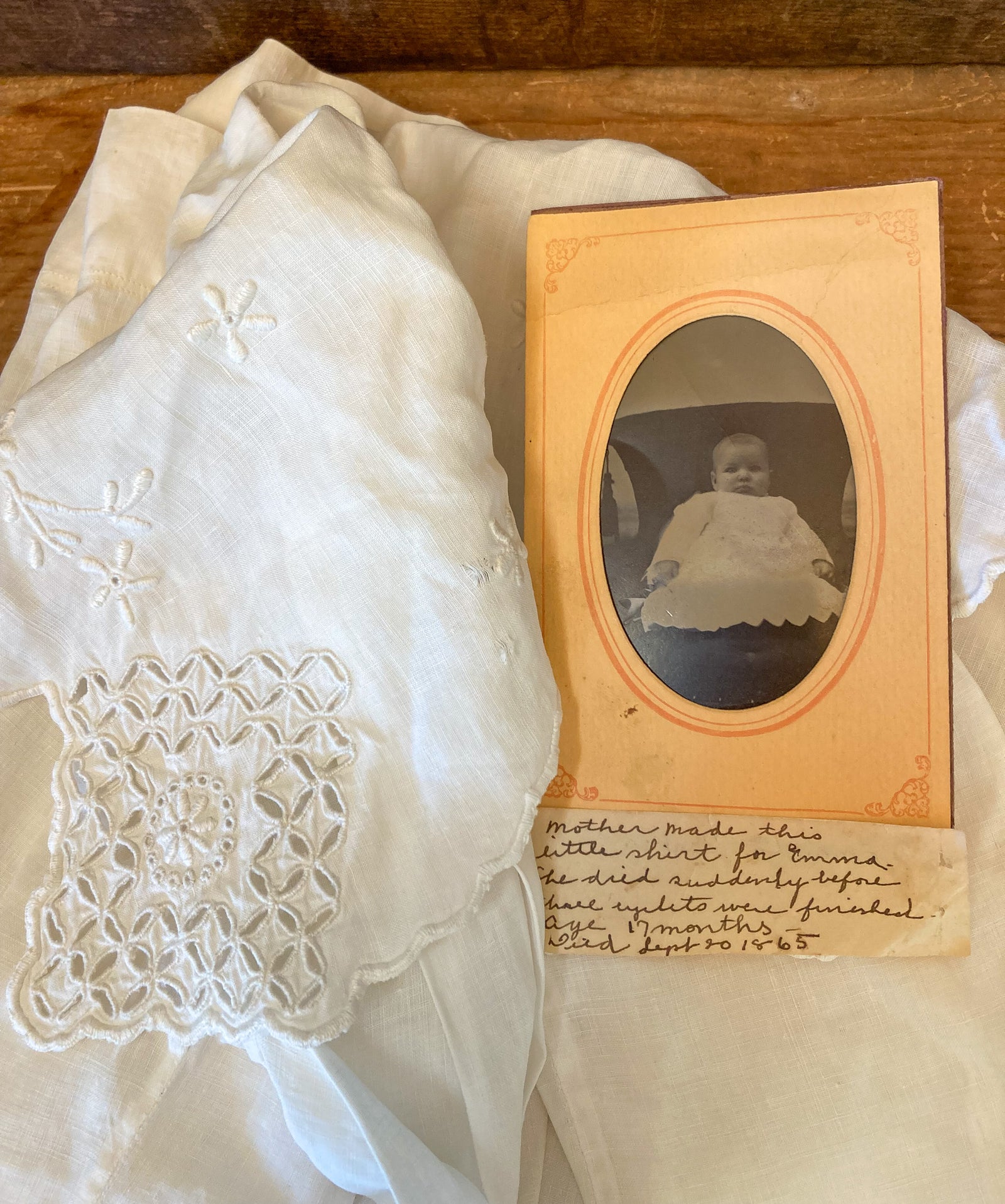 Antique Baby Dress, Note Dated 1865, Tintype of Baby 1881