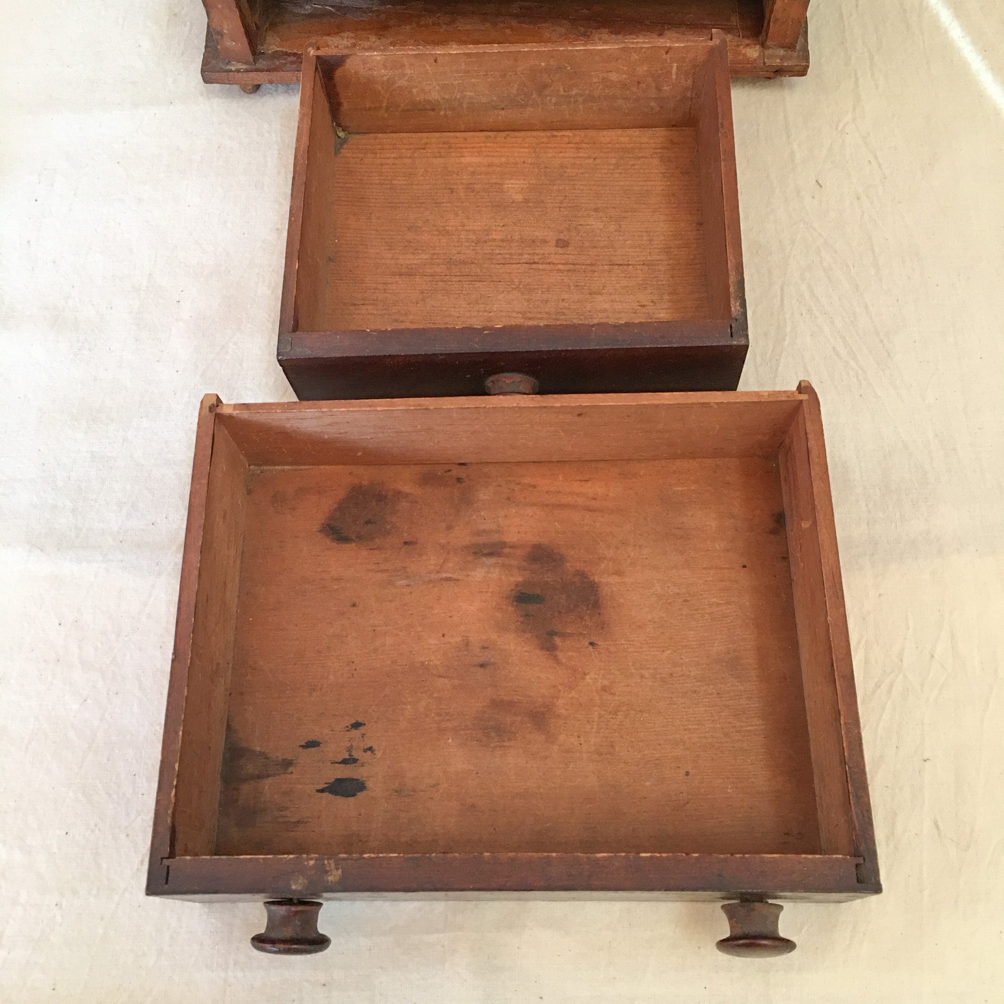 19th Century 3-Tiered Wooden Sewing Box with Bone Eyelets & Contents as Found