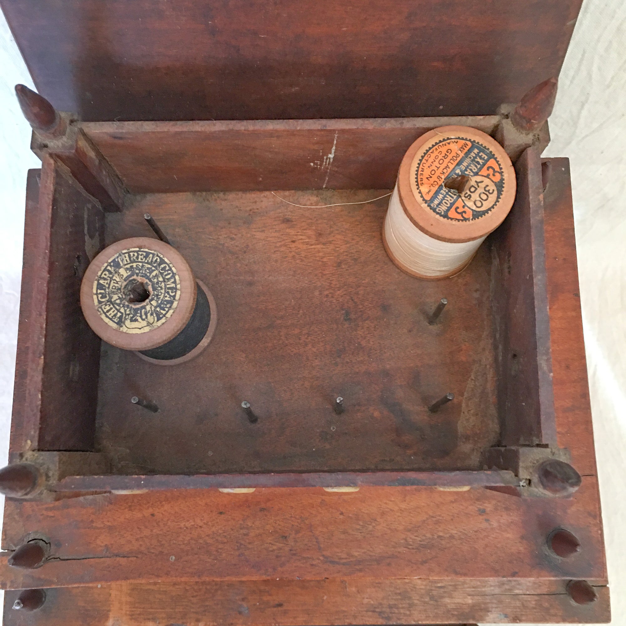 19th Century 3-Tiered Wooden Sewing Box with Bone Eyelets & Contents as Found