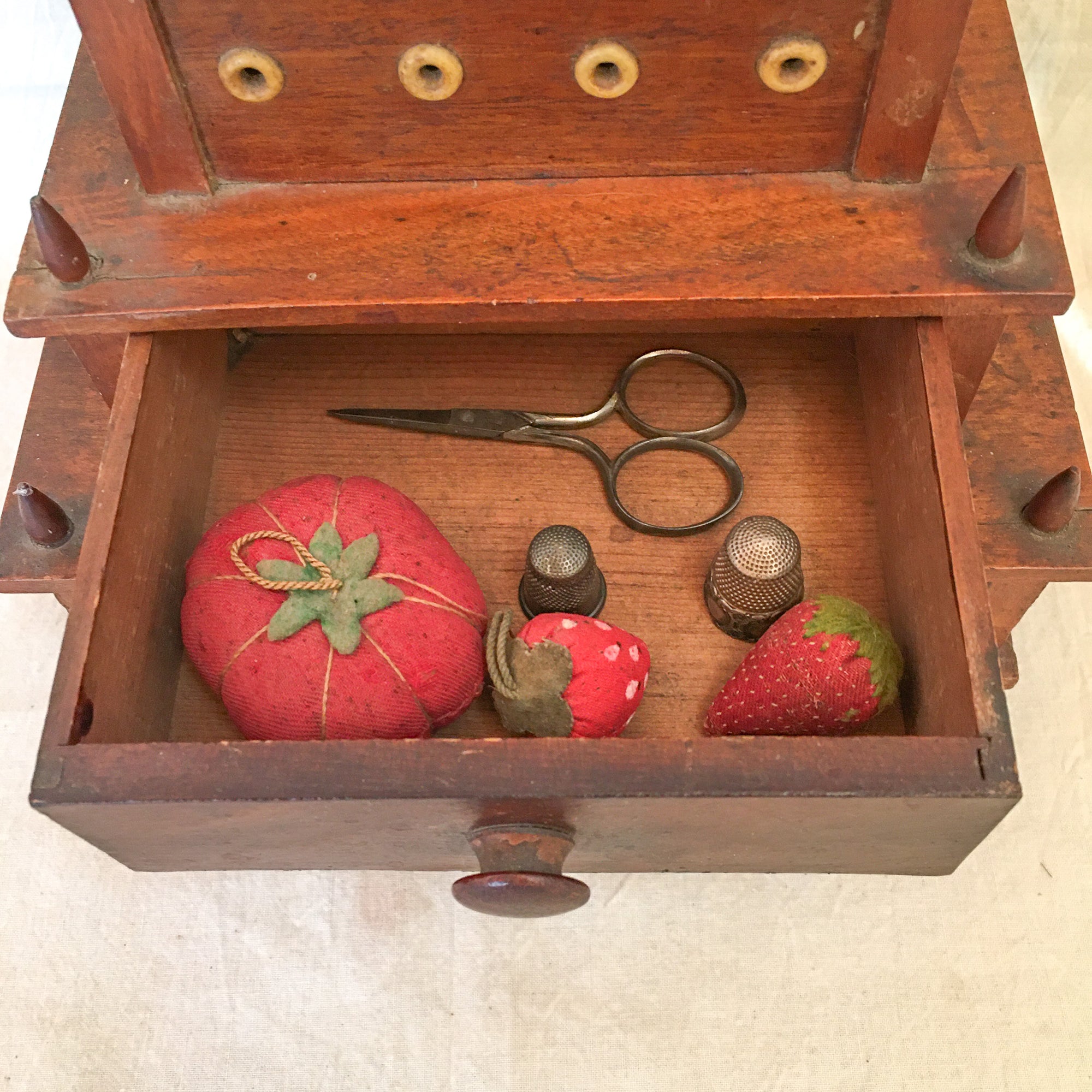 19th Century 3-Tiered Wooden Sewing Box with Bone Eyelets & Contents as Found