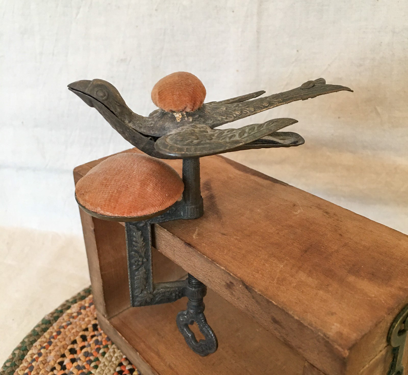 Victorian Sewing Bird Clamp with Original Pin Cushions