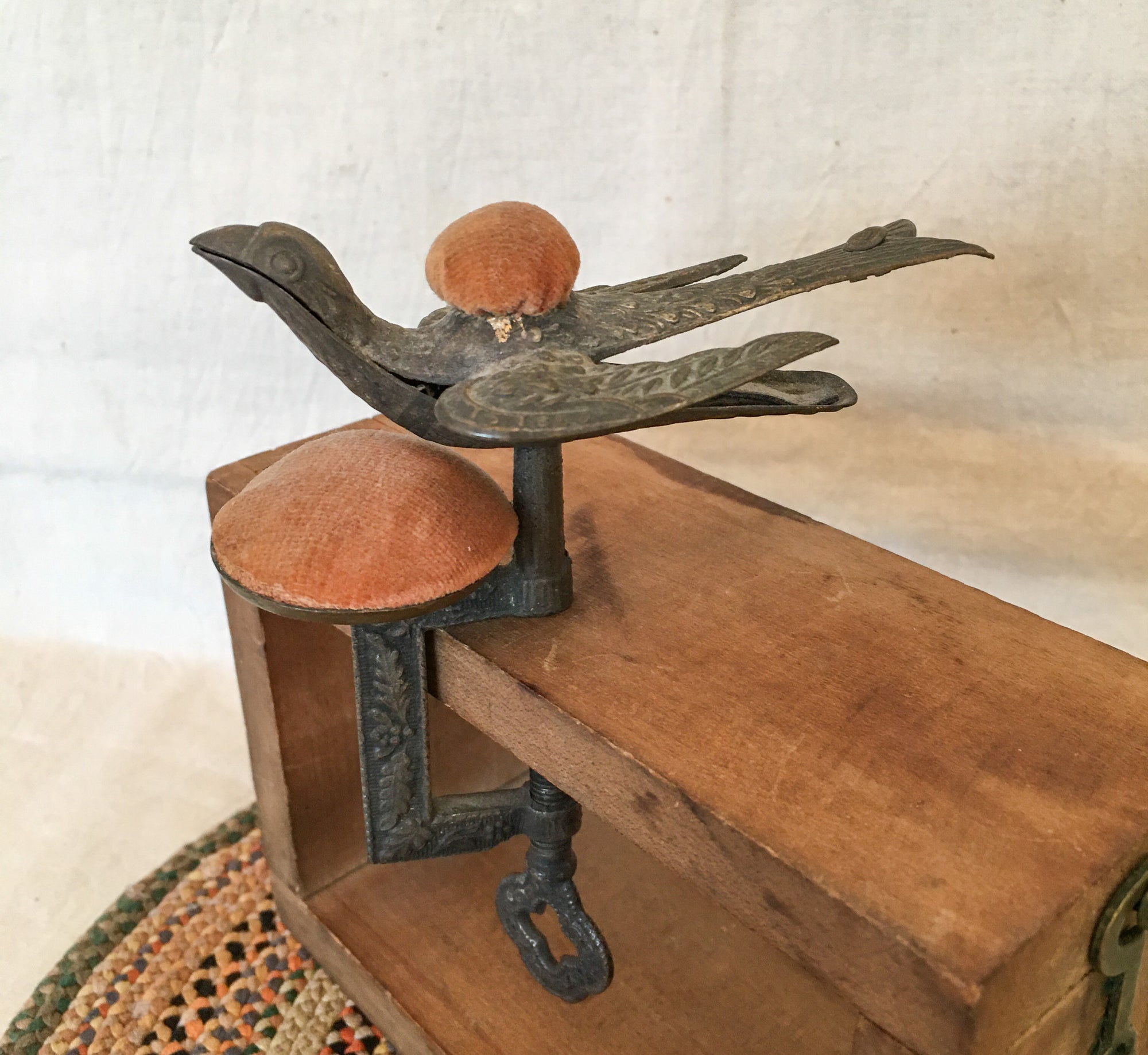 Victorian Sewing Bird Clamp with Original Pin Cushions