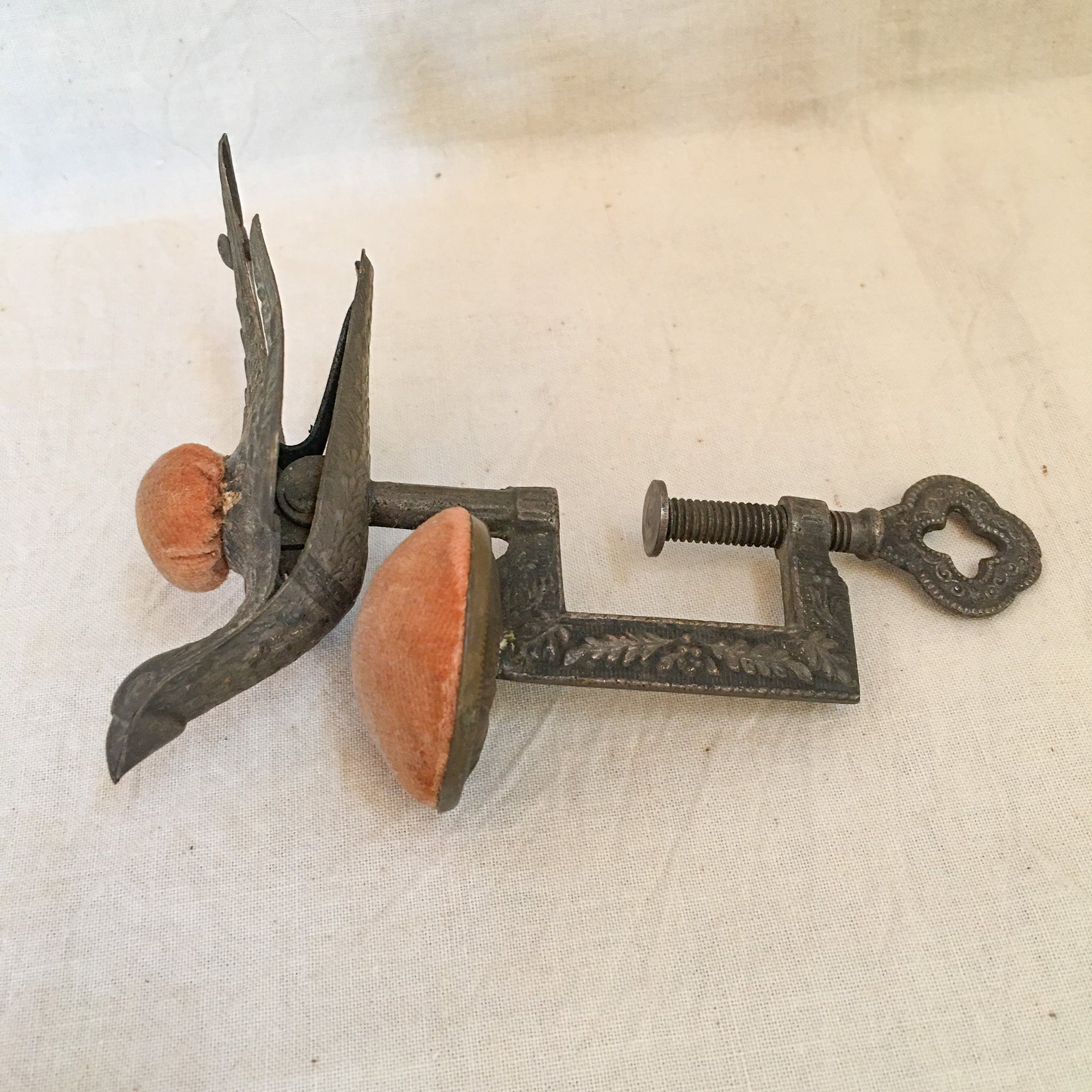 Victorian Sewing Bird Clamp with Original Pin Cushions