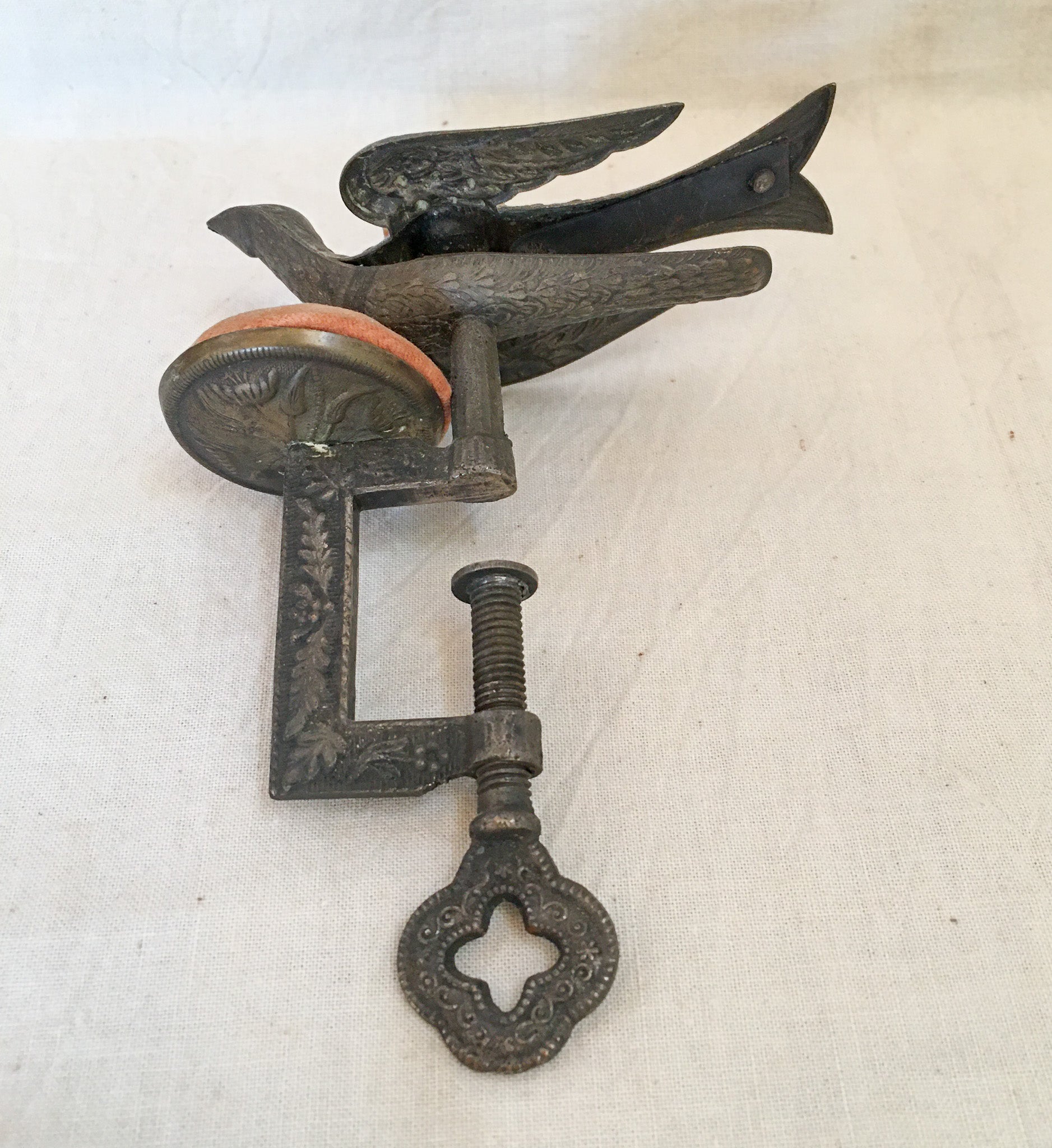 Victorian Sewing Bird Clamp with Original Pin Cushions