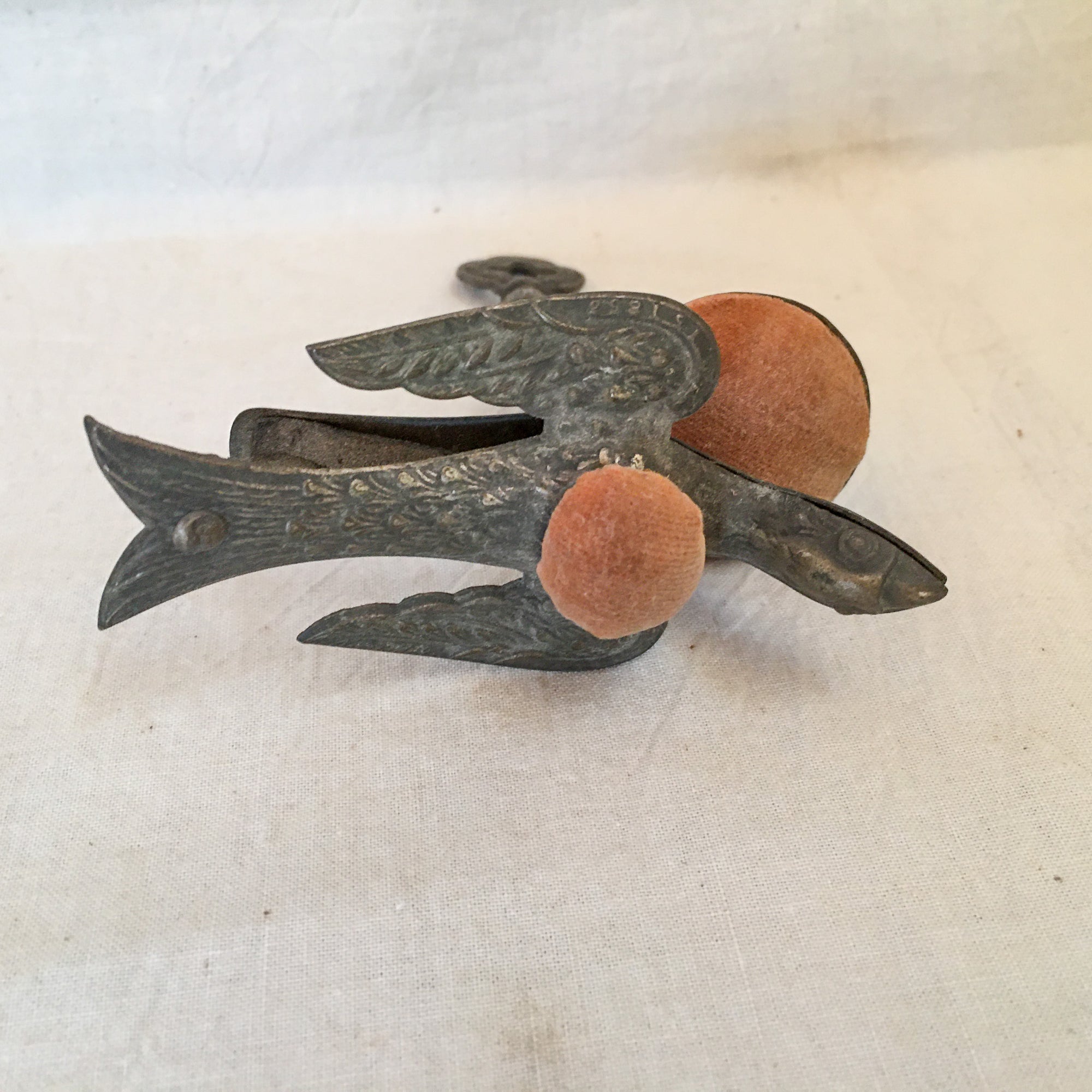 Victorian Sewing Bird Clamp with Original Pin Cushions