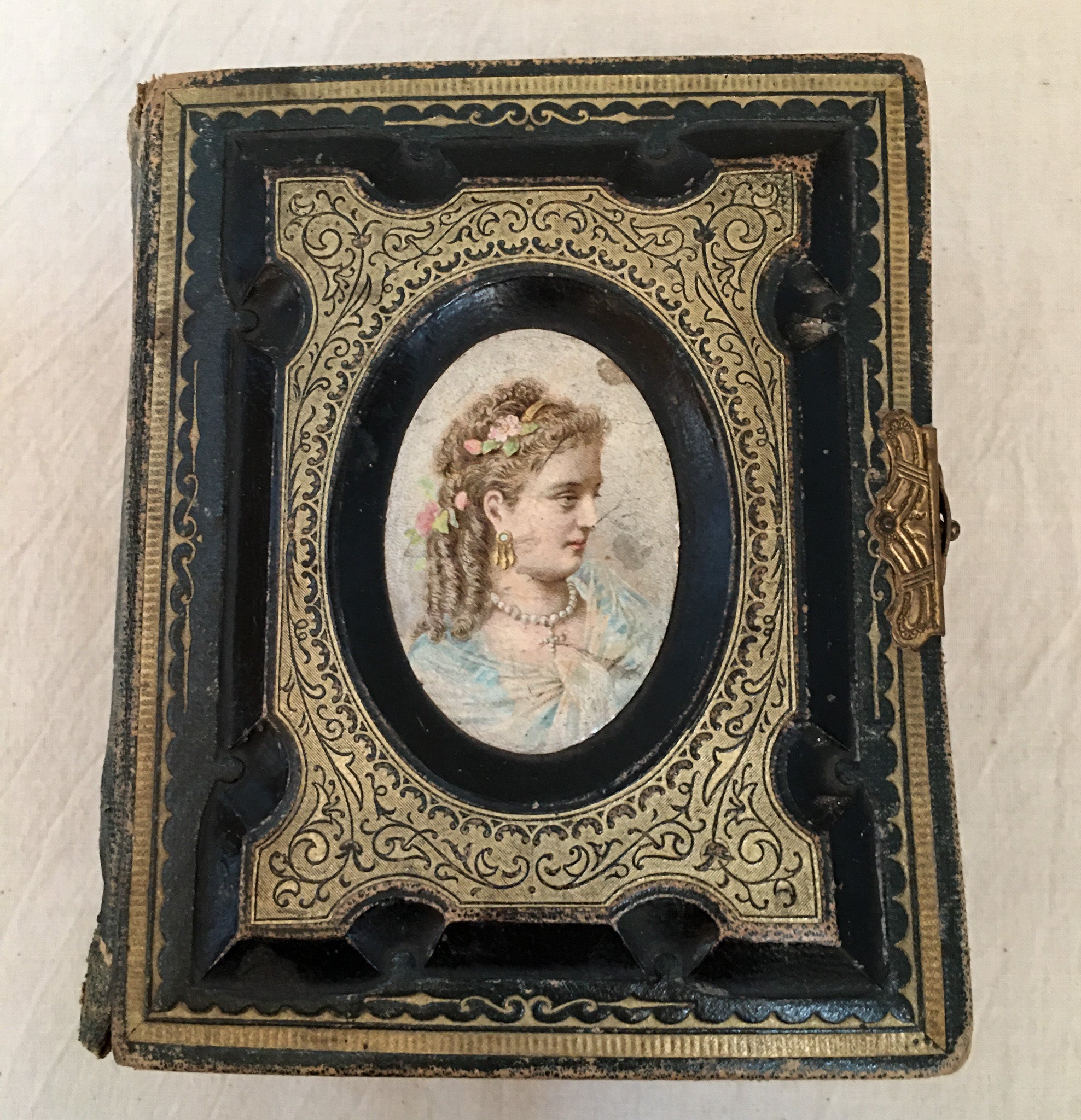 19th-Century Victorian Green & Black Leather Photo Album with Clasp