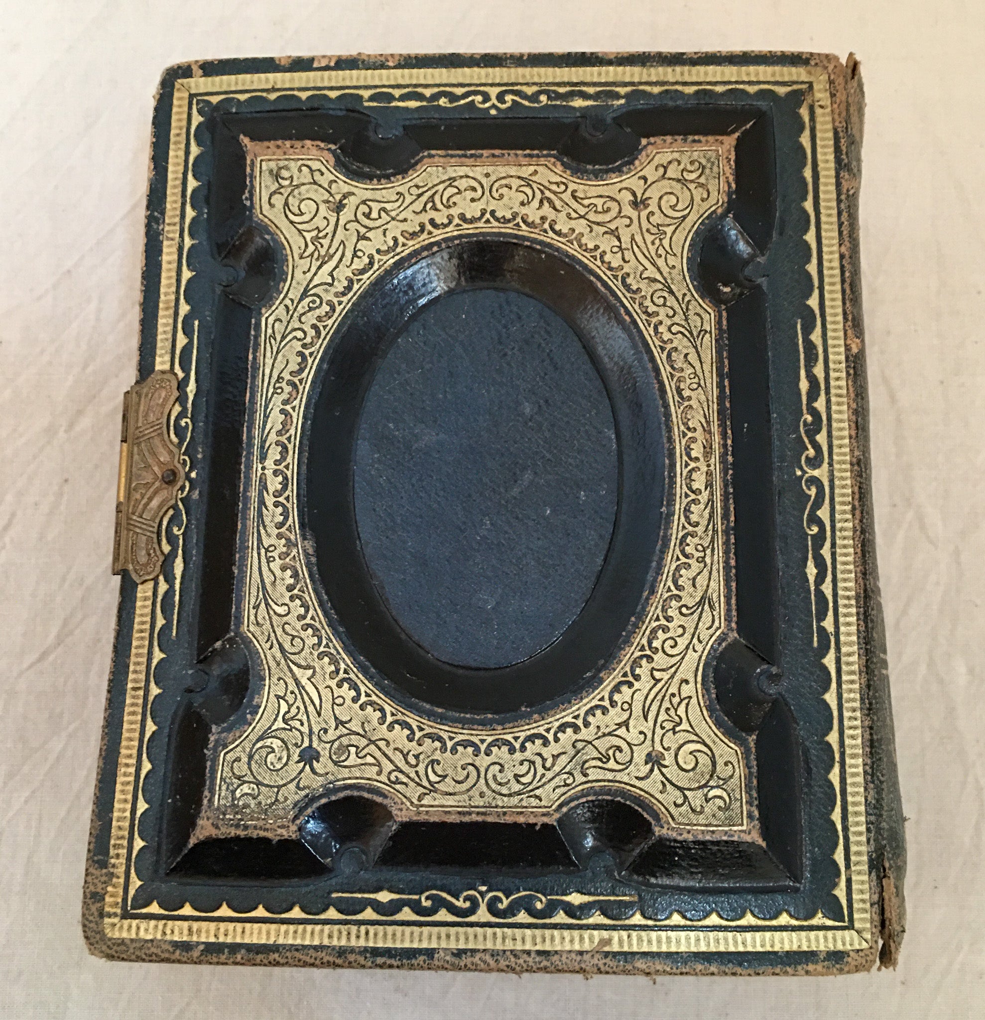 19th-Century Victorian Green & Black Leather Photo Album with Clasp