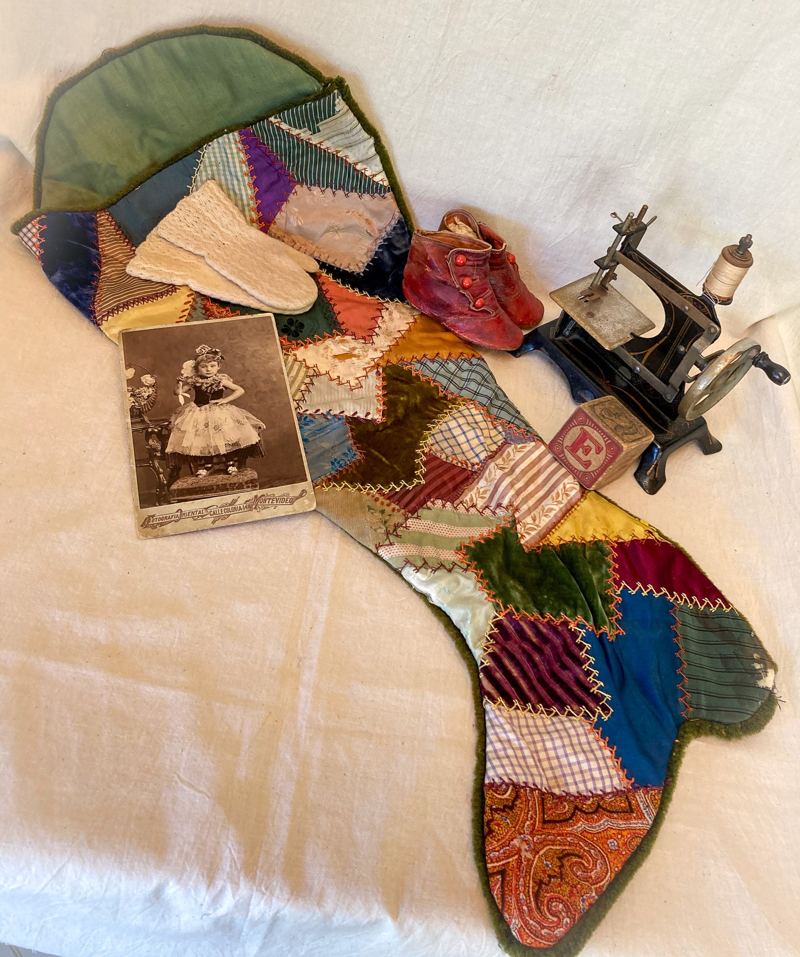 1800’s Hand Stitched Quilted Christmas Stocking, Silk and Velvet