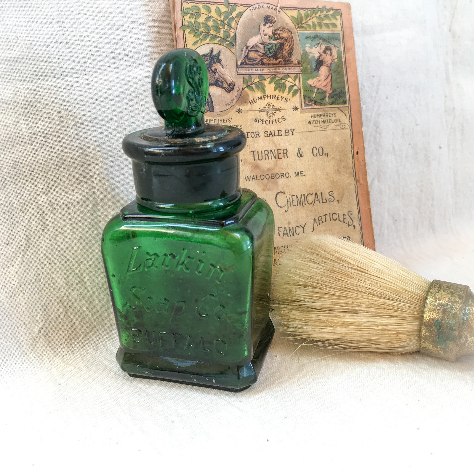 Early 1900s Larkin Soap Co. Emerald Green Glass Bottle with Ornate Stopper