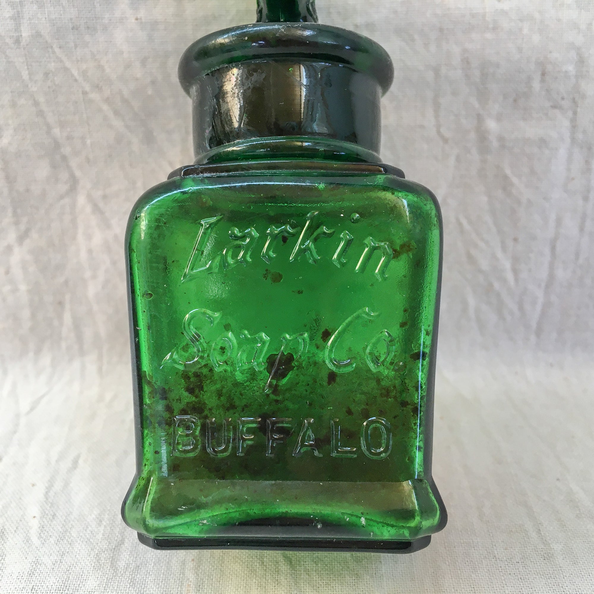 Early 1900s Larkin Soap Co. Emerald Green Glass Bottle with Ornate Stopper