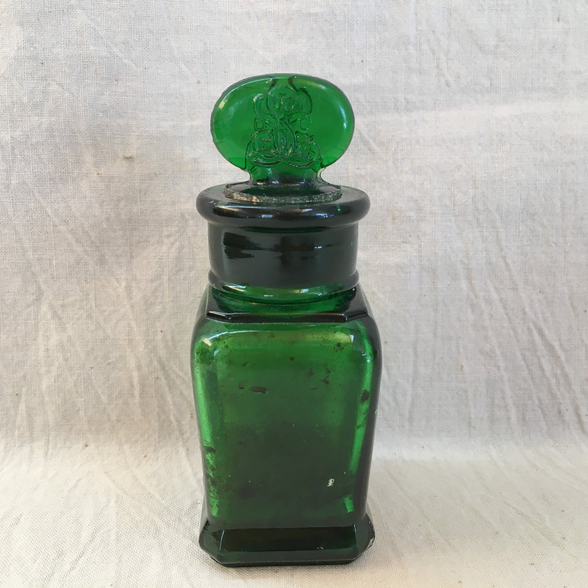 Early 1900s Larkin Soap Co. Emerald Green Glass Bottle with Ornate Stopper