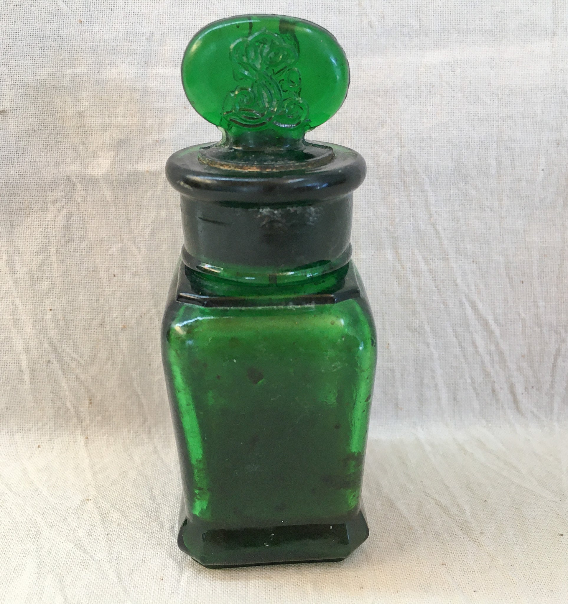 Early 1900s Larkin Soap Co. Emerald Green Glass Bottle with Ornate Stopper
