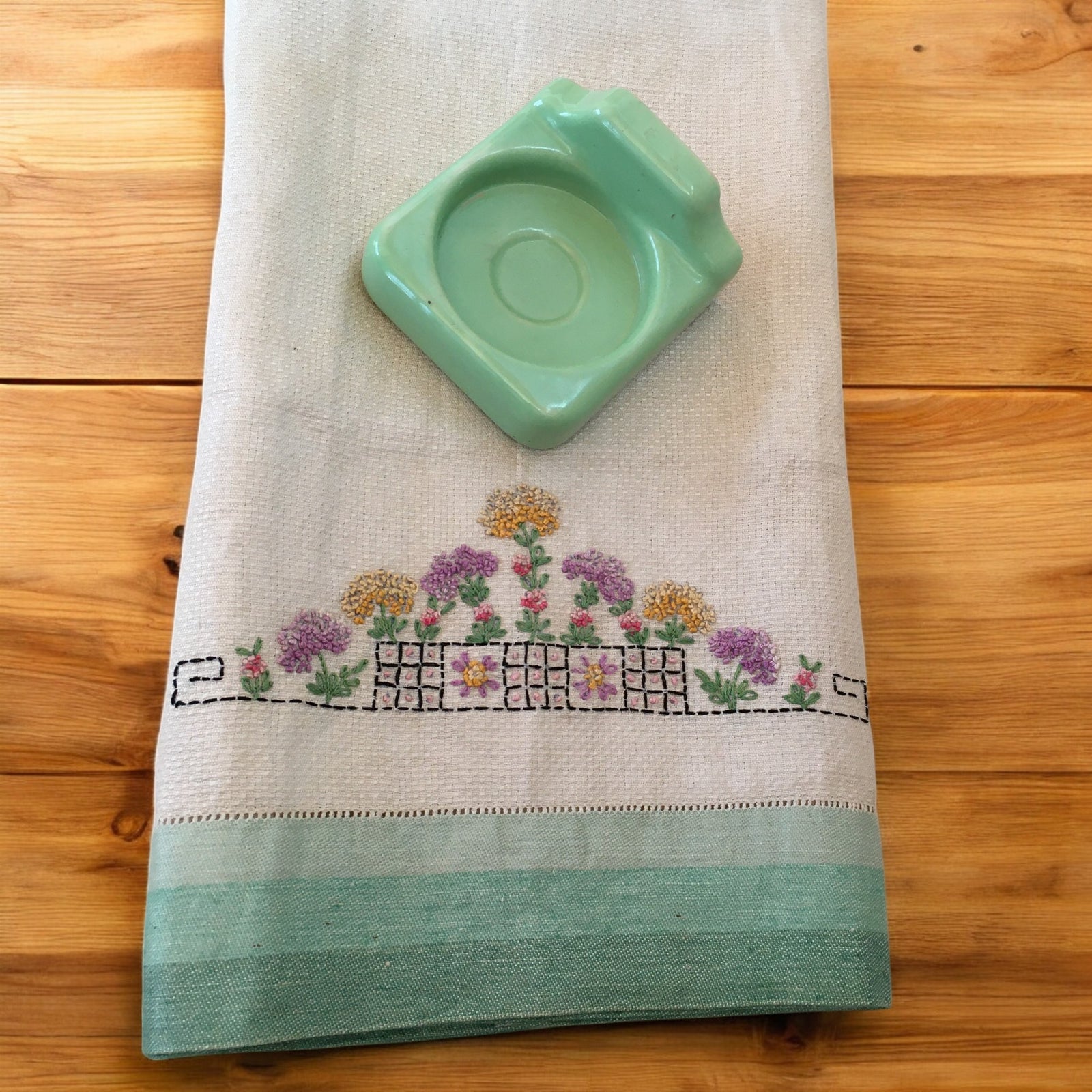 Mid-Century Embroidered Hand Towel & Green Ceramic Soap/Cup Dish