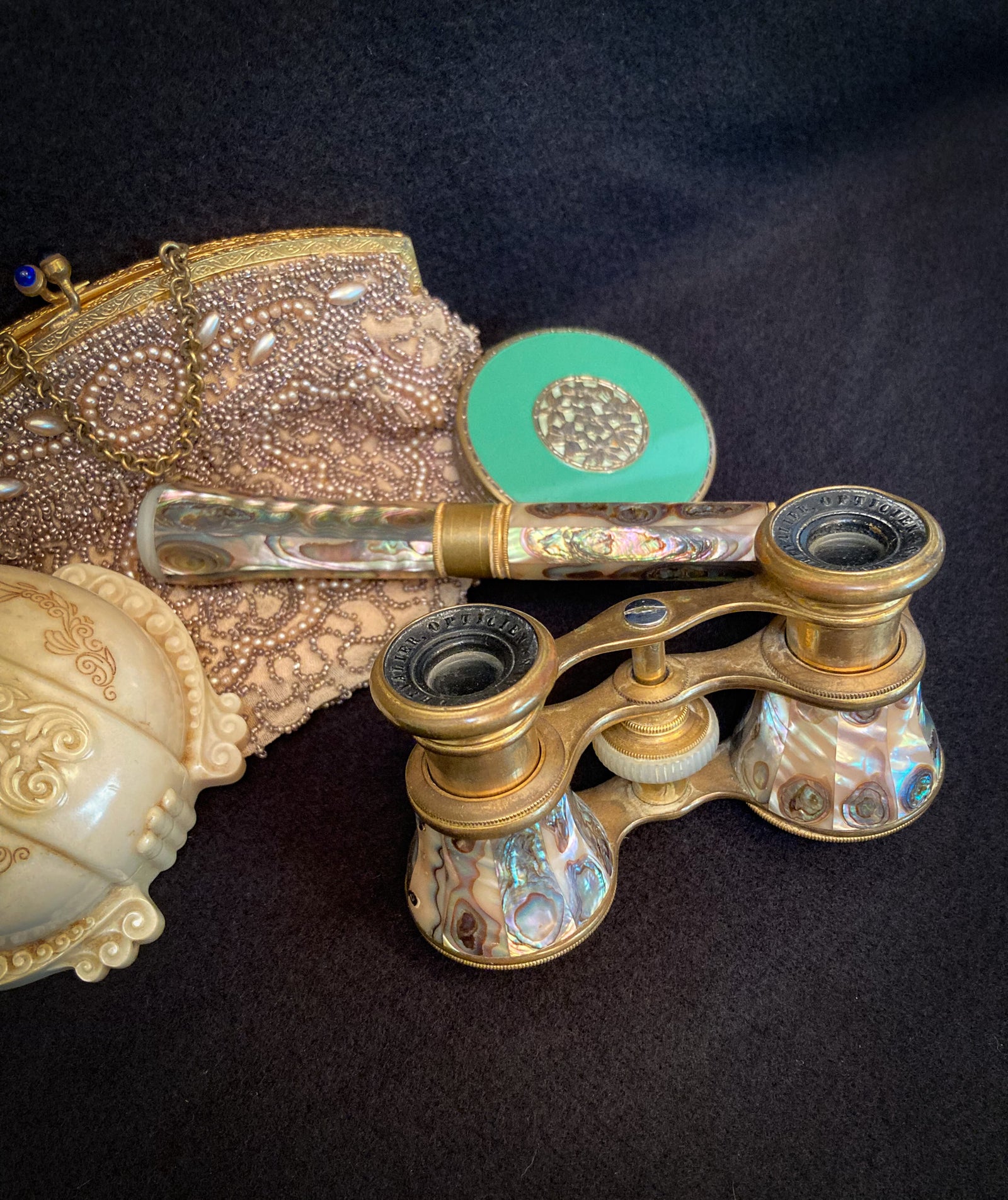1800’s Chevalier Paris Abalone Shell and Brass Opera Glasses with Handle