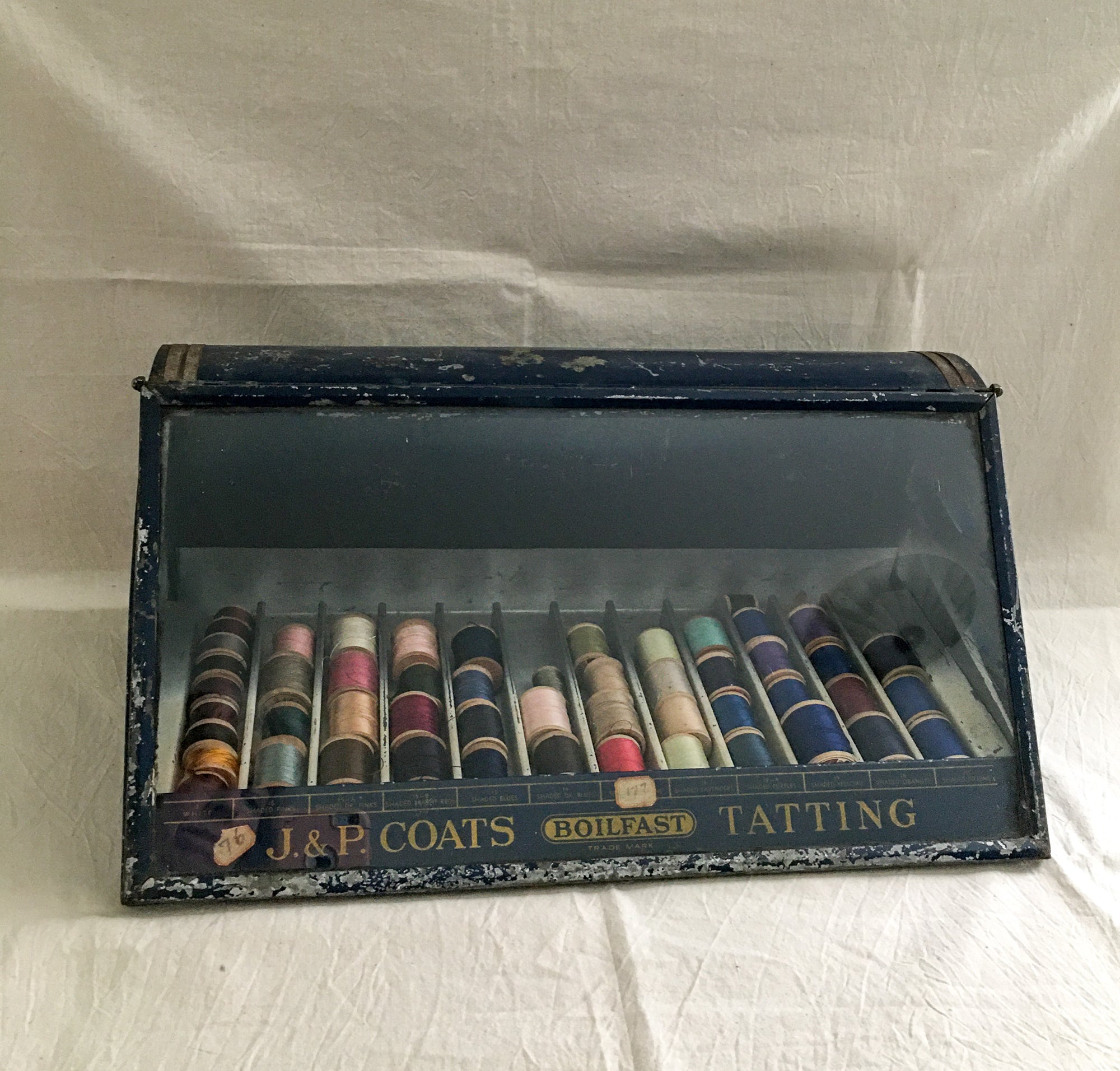 Early 1900's J. & P. Coats Boilfast Tatting Thread Display Cabinet with Silk, Cotton Thread