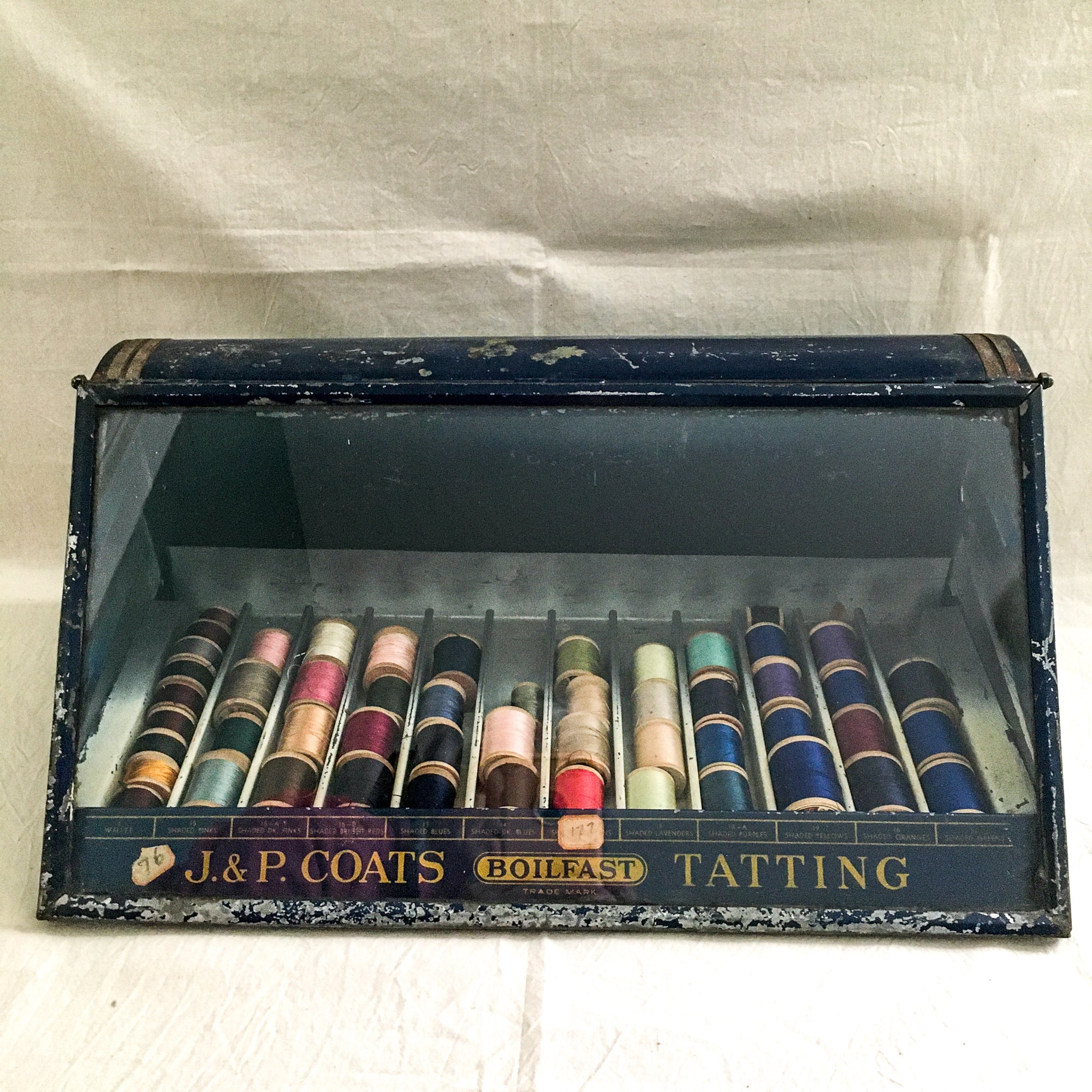 Early 1900's J. & P. Coats Boilfast Tatting Thread Display Cabinet with Silk, Cotton Thread