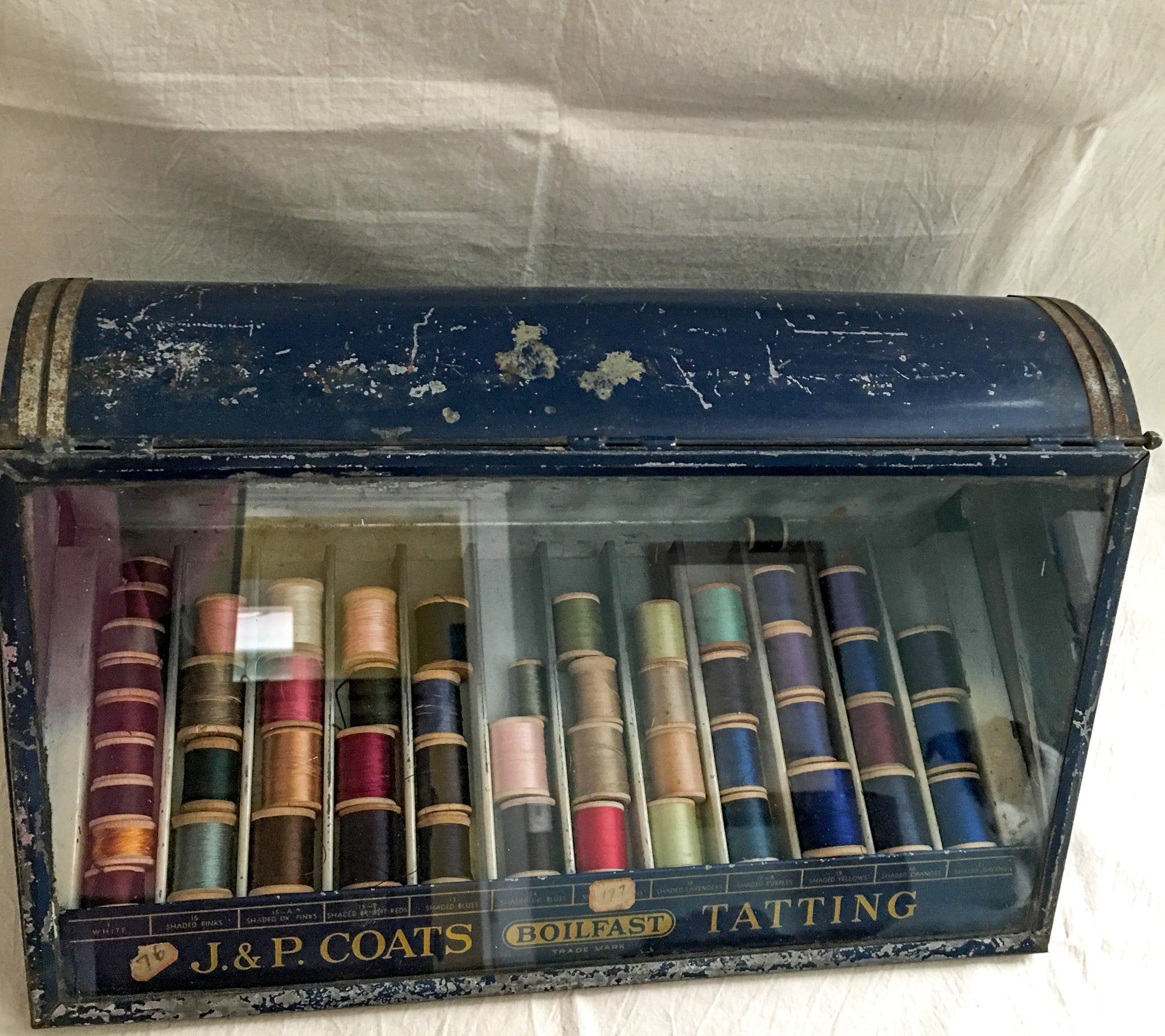 Early 1900's J. & P. Coats Boilfast Tatting Thread Display Cabinet with Silk, Cotton Thread