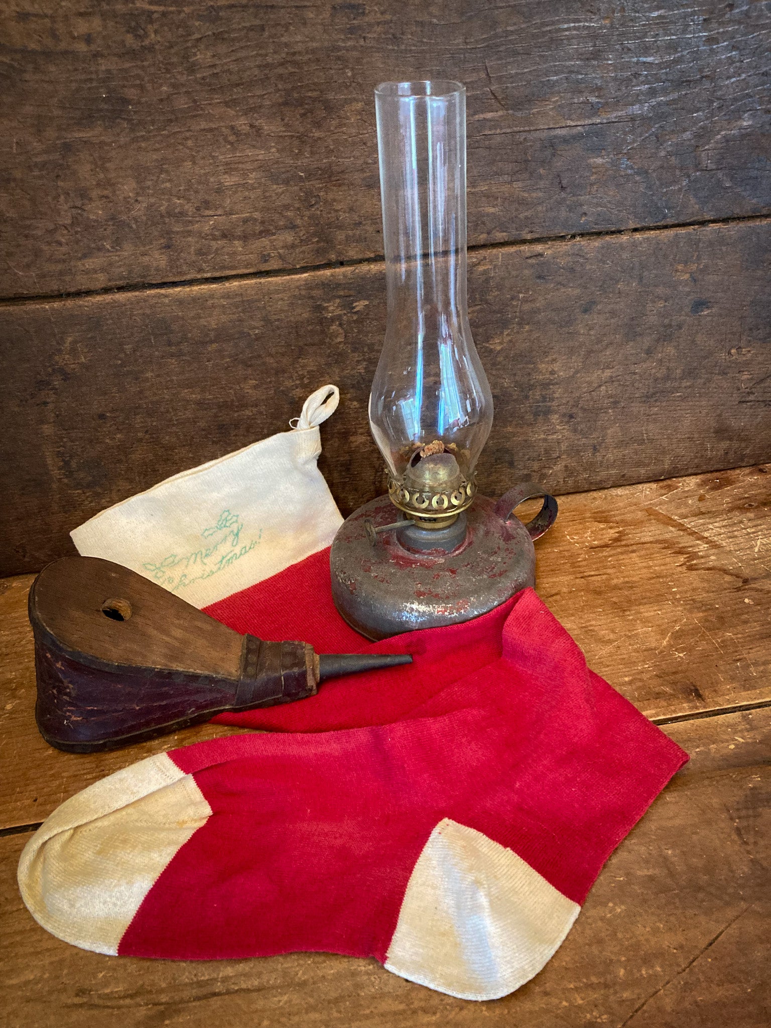Antique Lantern, Tiny Bellows and 1930’s Christmas Stocking