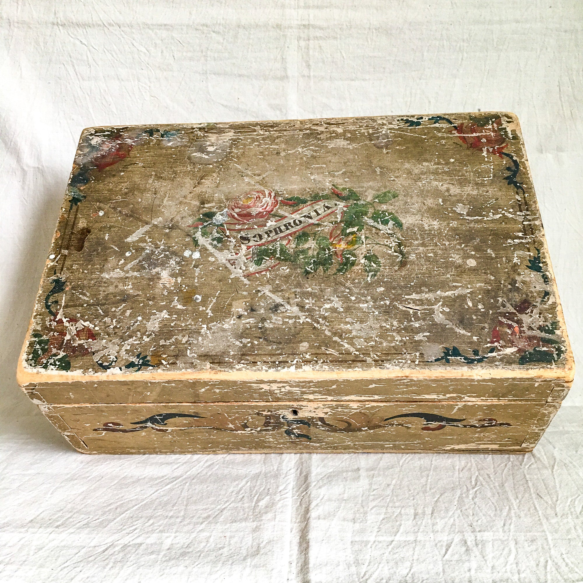 1800s Hand-Painted Wooden Keepsake Box – Dovetailed with Inscription "Sophronia"