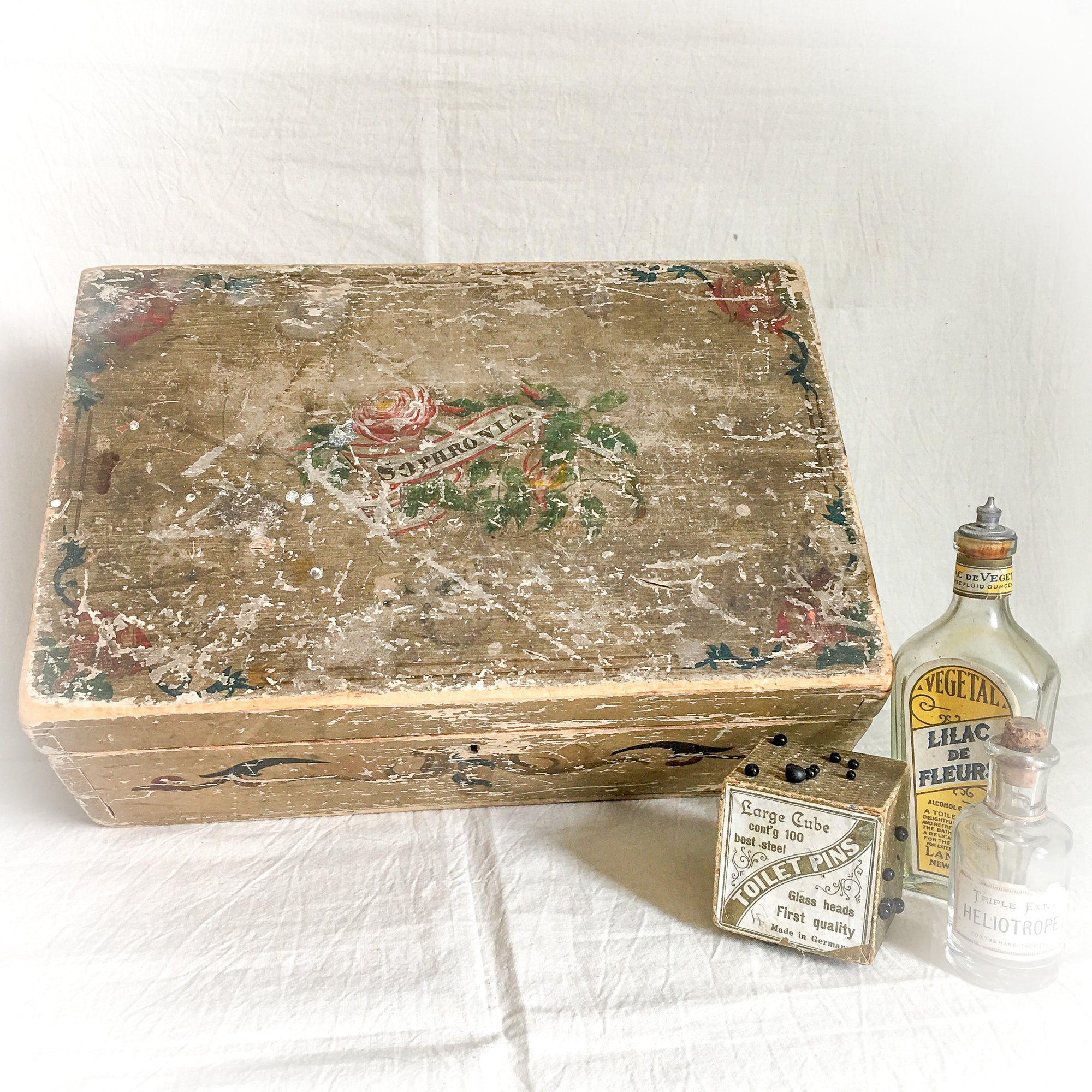 1800s Hand-Painted Wooden Keepsake Box – Dovetailed with Inscription "Sophronia"