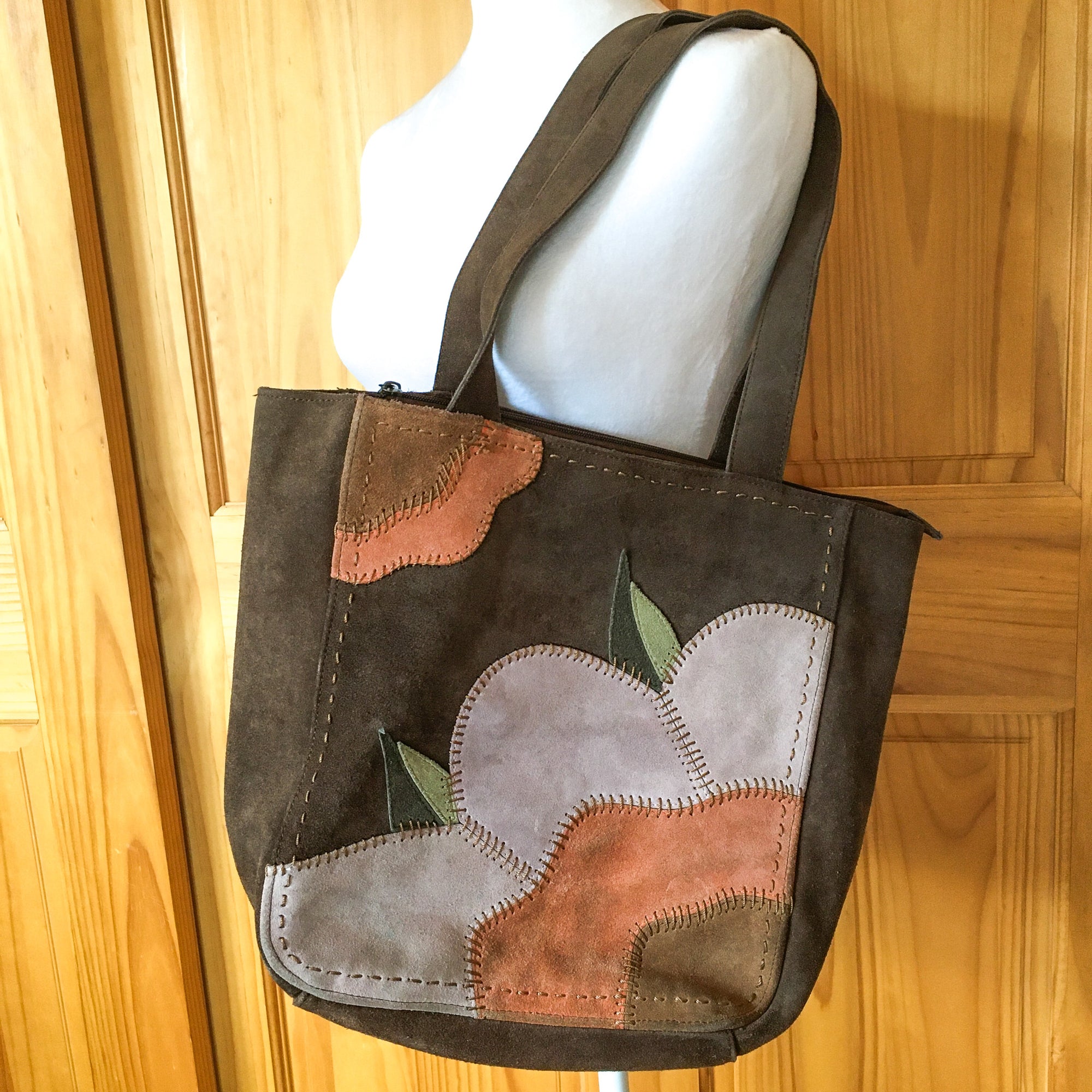 Vintage 1970s  - Early 1980's Style Suede Leather Tote Bag, Floral Patchwork, Boho Style