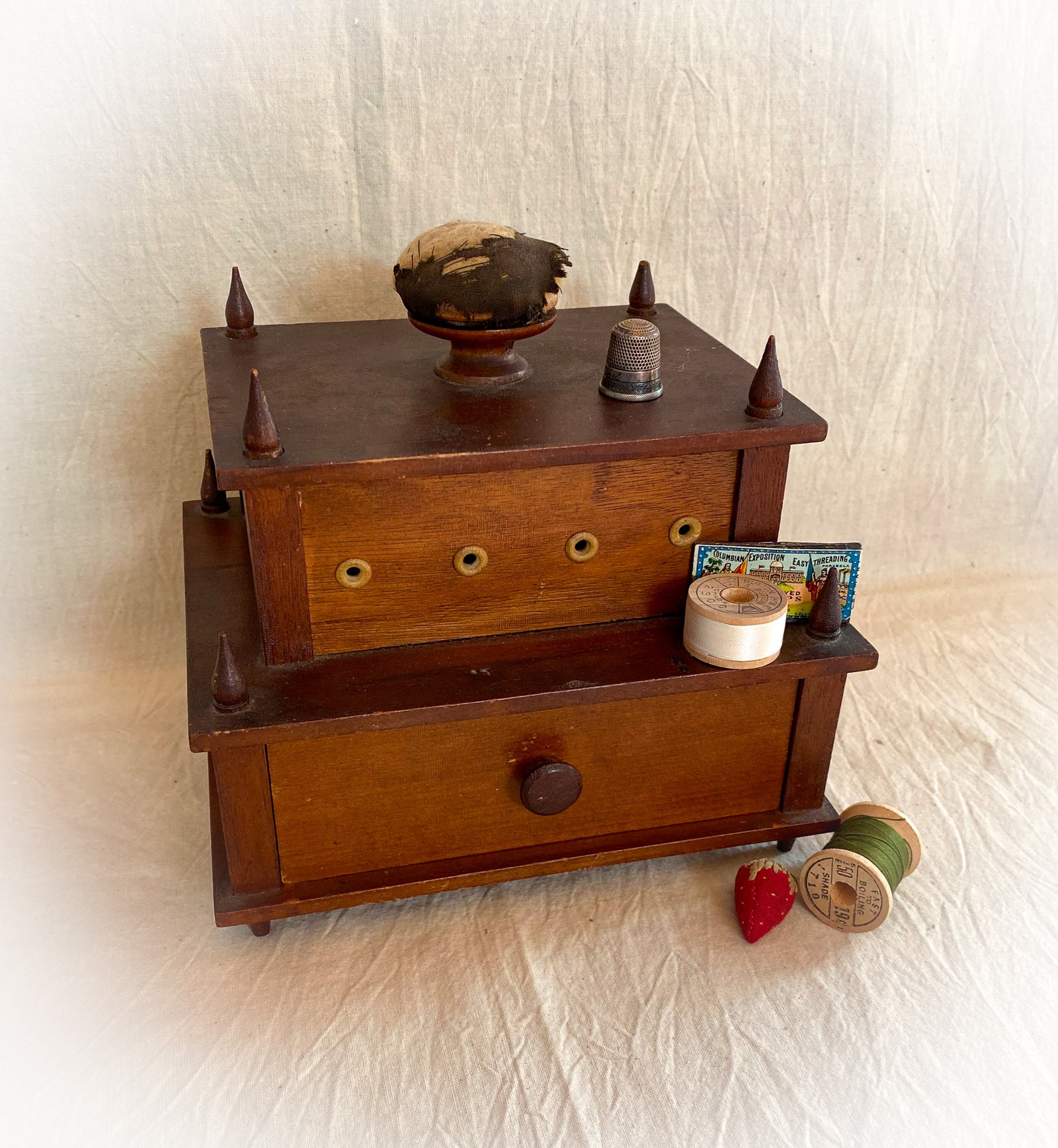 Victorian Era 2 Tier Sewing Box with Original Pin Cushion