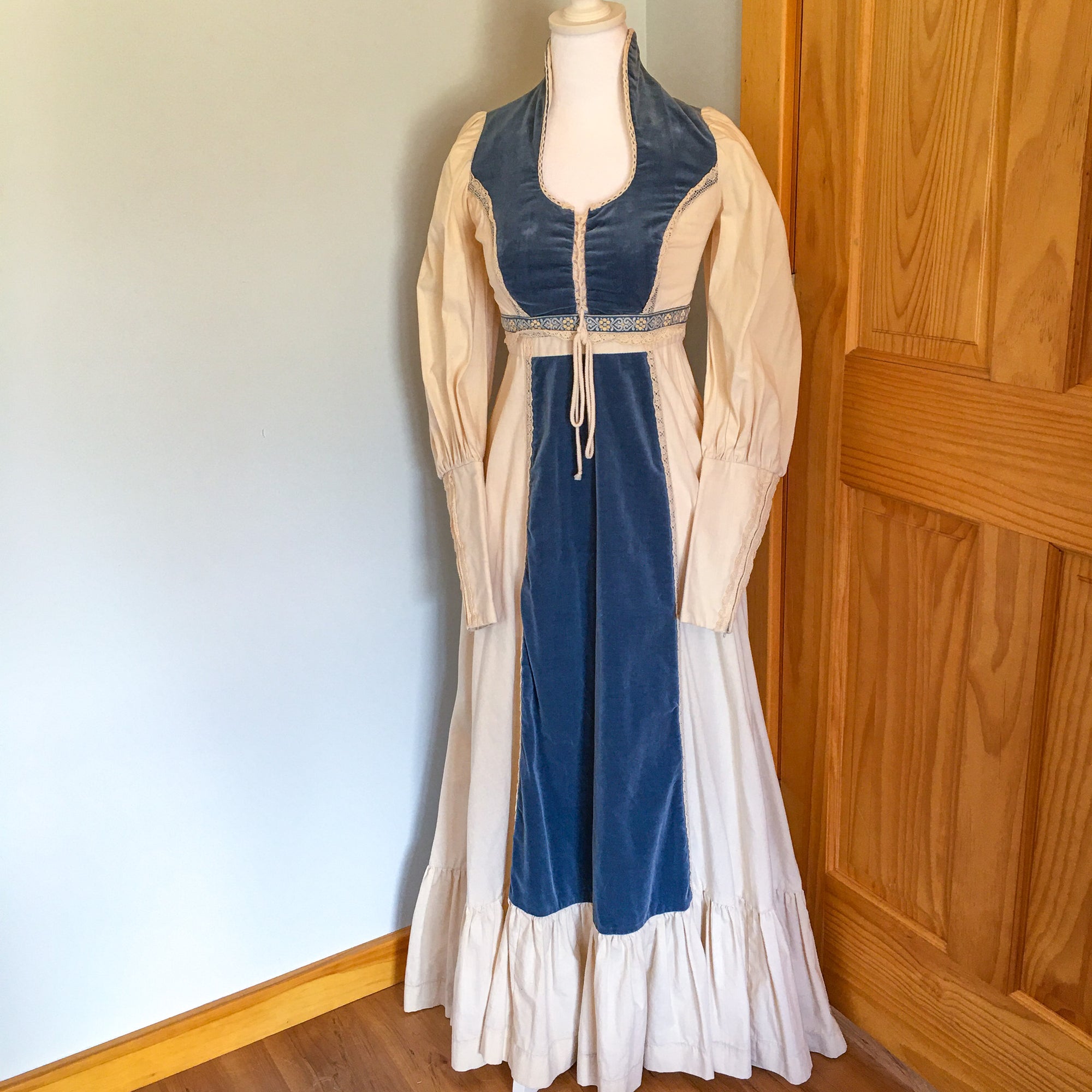 Vintage 1970s Gunne Sax Renaissance Maxi Dress – Velvet Bodice, Lace Trim, Blue Velvet and Cotton